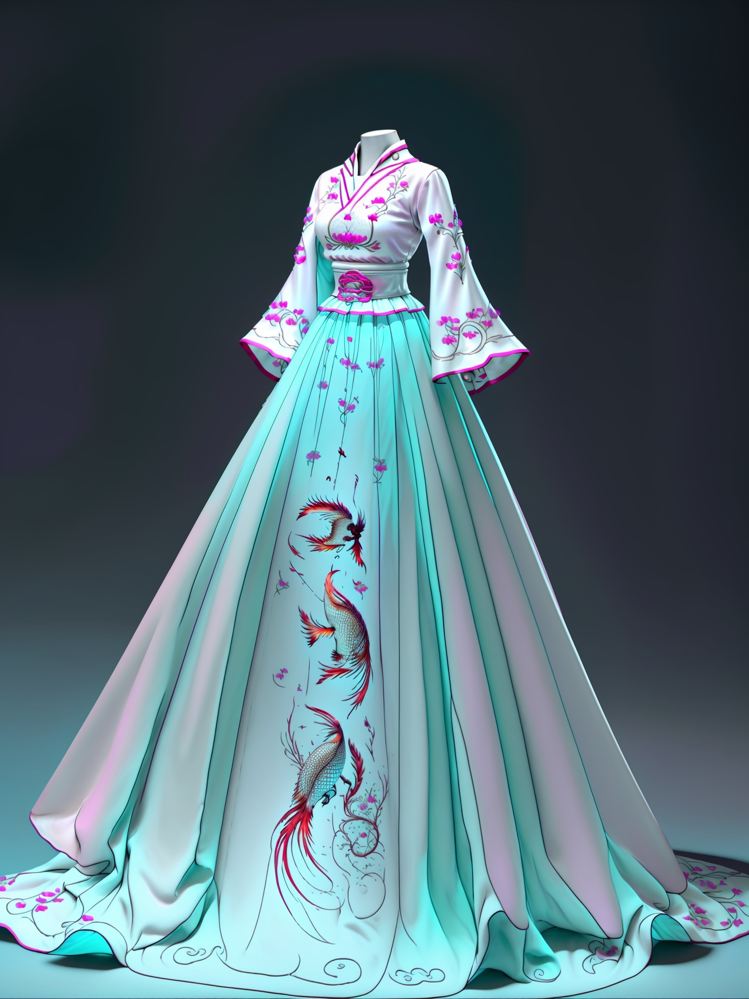 <lora:Nhanfu:1>,pink white dress,(clean background:1.3),v-neck,cyan,fishtail skirt,