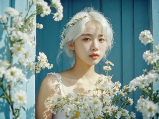 HDR photo of Sea level, there is a door, A Korean girl with white hair ,A Korean girl with white hair,Several small flowers adorned on a light blue background,24 mm film stil shot on Kodachrome capturing a beautiful Caucasian 18-year-old girl stood with a mirror in her arms, reflecting her face and surrounded by flowers,Bright and cheerful lighting, with the sun casting a warm glow on the subject's faces. Joyful, convivial energy. A warm and loving moment.50mm, . High dynamic range, vivid, rich details, clear shadows and highlights, realistic, intense, enhanced contrast, highly detailed