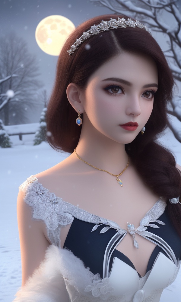 <lora:365-DA-梦塔·雪谜城-艾妙妙:0.9>ultra realistic 8k cg, picture-perfect face, flawless, clean, masterpiece, professional artwork, famous artwork, cinematic lighting, cinematic bloom, fantasy, dreamlike, unreal, science fiction, ((,1girl, pov,))(((,tree, 1girl, full moon,snowing,snow ,solo,     solo focus,  long_hair, looking_at_viewer,  )))  (rich:1.4,)     prestige, luxury, jewelry, diamond, gold, pearl, gem, sapphire, ruby, emerald, intricate detail, delicate pattern, charming, alluring, seductive, erotic, enchanting, hair ornament, necklace, earrings, bracelet, ,