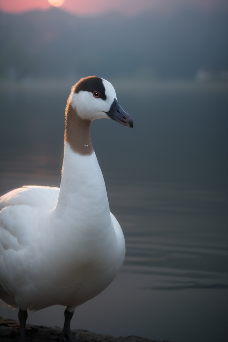 a mjestic goose,standing at a lake,sunrise,deep Blacks,very detailed,atmospheric haze,Film grain,cinematic film still,shallow depth of field,highly detailed,high budget,cinemascope,moody,epic,OverallDetail,2000s vintage RAW photo,photorealistic,candid camera,color graded cinematic,eye catchlights,atmospheric lighting,imperfections,natural,shallow dof,