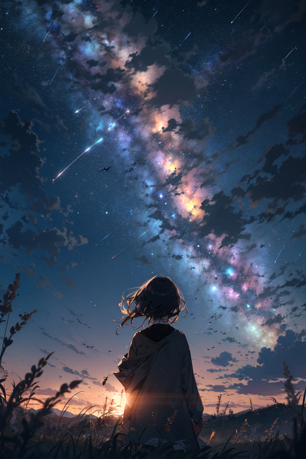 masterpiece,best quality,from behind,your name,1girl,solo,far away,silhouette,grass,nature,open field,landscape,night,shooting star,starry sky,