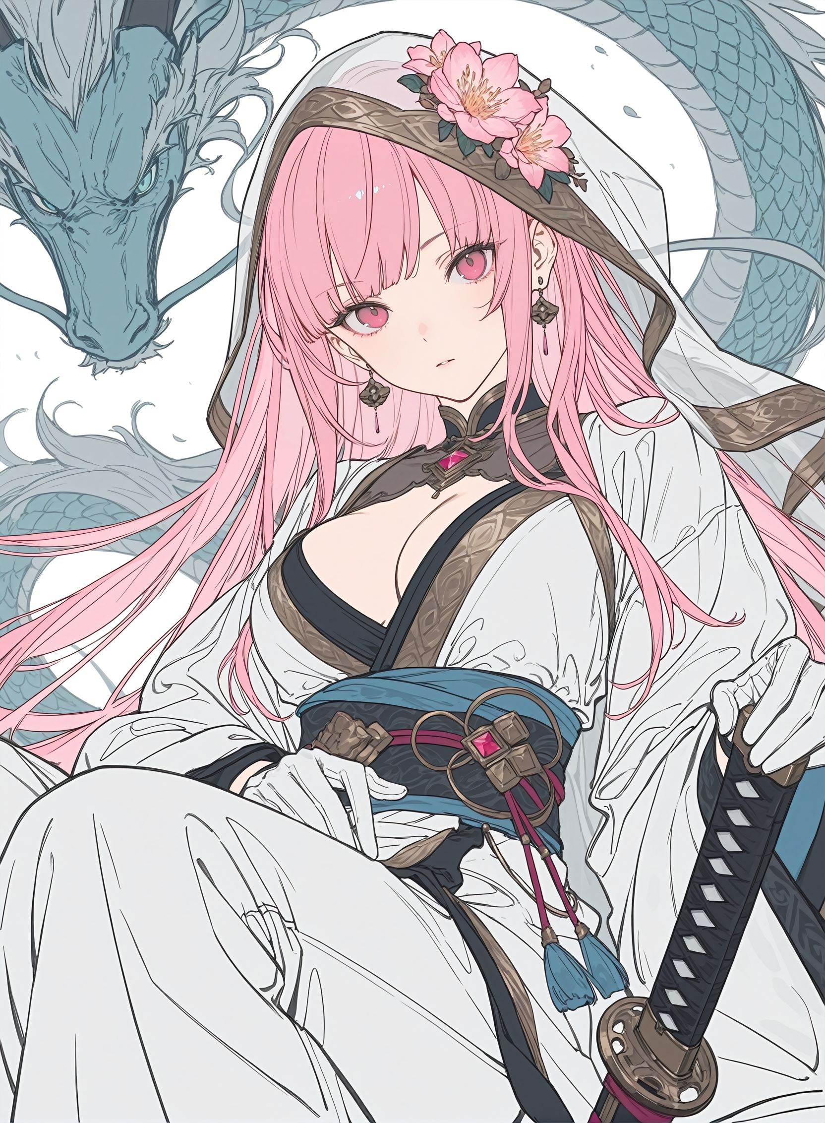 rtist:miv4t,(artist:yoneyama mai:0.8),(artlist:betabeet:0.8),(artist:rella:0.6),(artist:wanke:0.6),(artist:xilmo:0.6),masterpiece,best quality,amazing quality,newest,masterpiece,best quality,good quality,very aesthetic,absurdres,newest,8K,depth of field,hololive,mori calliope,pink hair,long hair,sidelocks,blunt bangs,pink eyes,eastern dragon,dragon,sword,flower,weapon,hair flower,hair ornament,katana,earrings,solo,long sleeves,pink flower,jewelry,bangs,pants,girl wearing a alchemist hood and white gloves,solo,robe,breasts,dragon horns,closeup,mystical ears,rune-covered sash,cleavage,looking at viewer,konya karasue,(watercolor_\(medium\):1.2)(simple coloring,flat color:2)dutch angle,