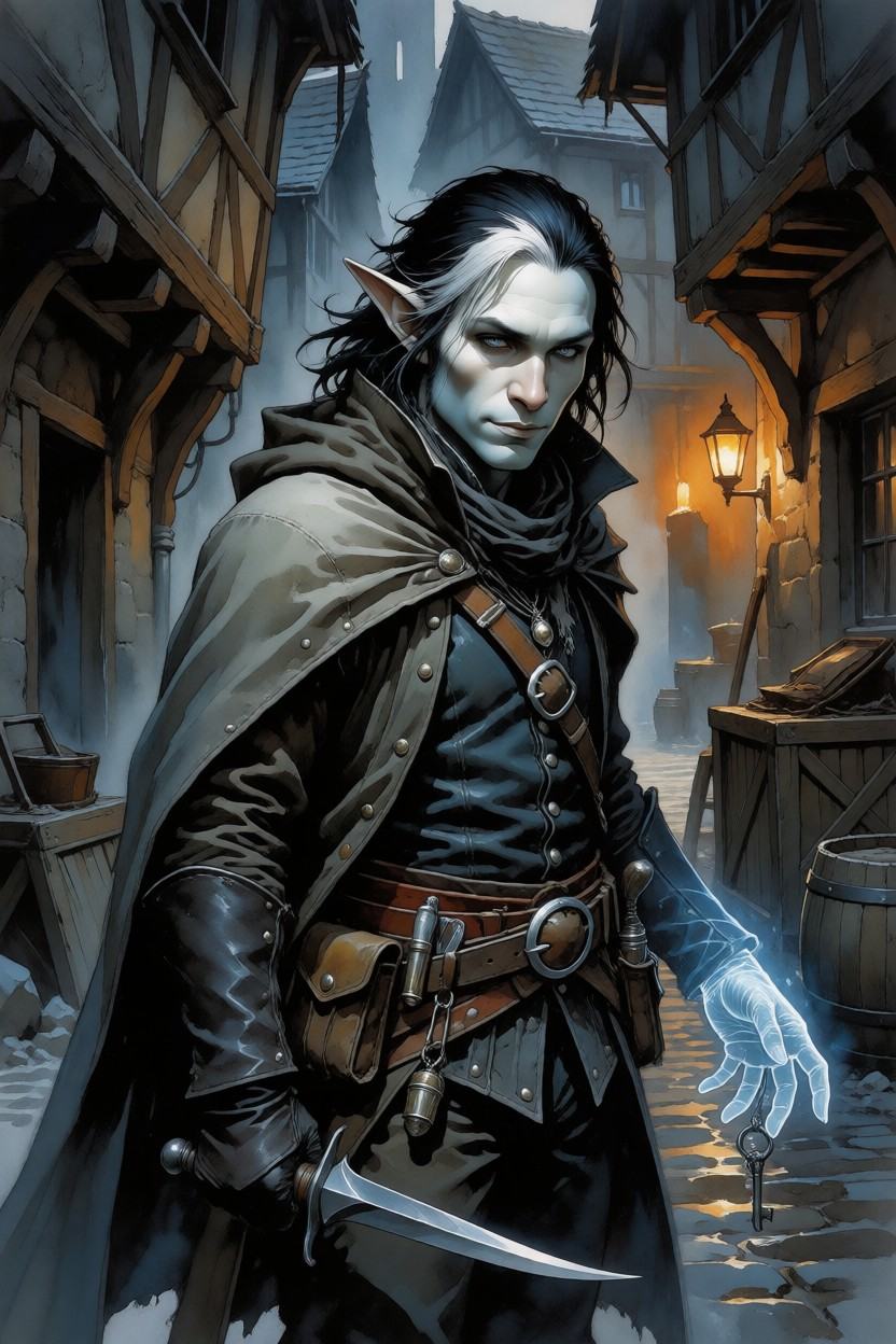 detailed gouache painting featuring a male D&D fantasy character,  a Changeling Arcane Trickster rogue melting into the sh...