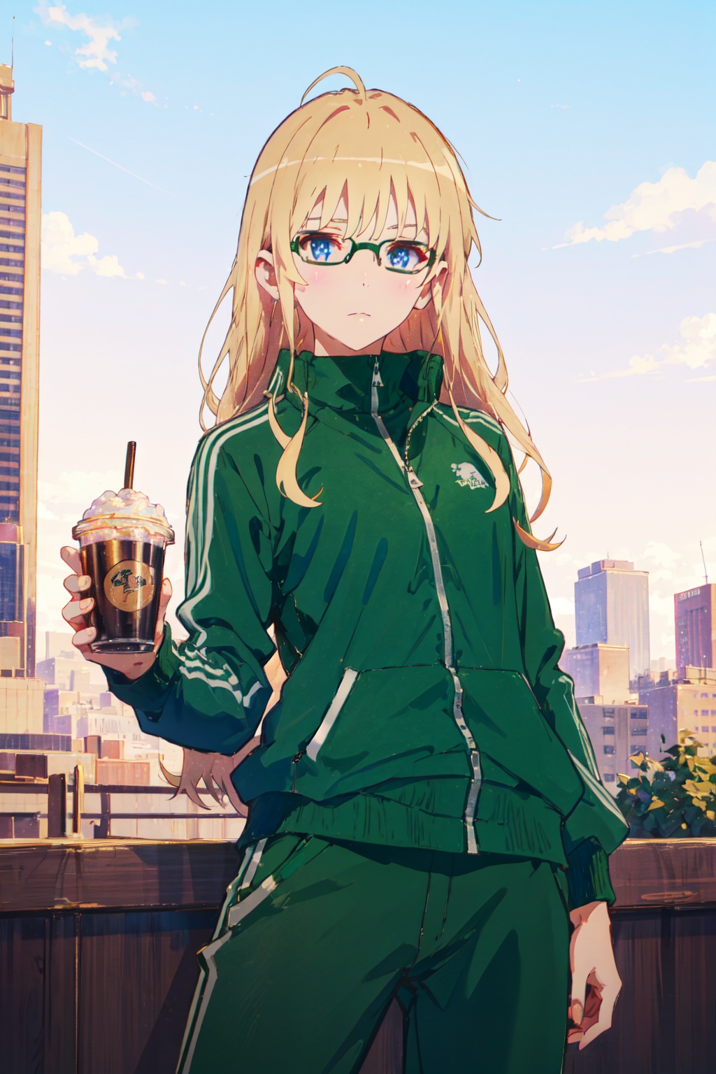 <lora:Eriri-000012:0.8>,eriri cyql,1girl,looking at viewer,solo,blonde hair,long hair,blue eyes,glasses,track suit,track jacket,jacket,pants,socks,track pants,green pants,bespectacled,green jacket,Confused, Wide-open eyes, a slightly furrowed brow, and a slightly open mouth.,cowboy_shot,beautiful face,beautiful eyes,glossy skin,shiny skin,Outdoor coffee market in city, Specialty coffee, Cafes, Vendors, Community,beautiful detailed sky,beautiful detailed glow,posing in front of a colorful and dynamic background,masterpiece,best quality,beautiful and aesthetic,contrapposto,female focus,wallpaper,fashion,