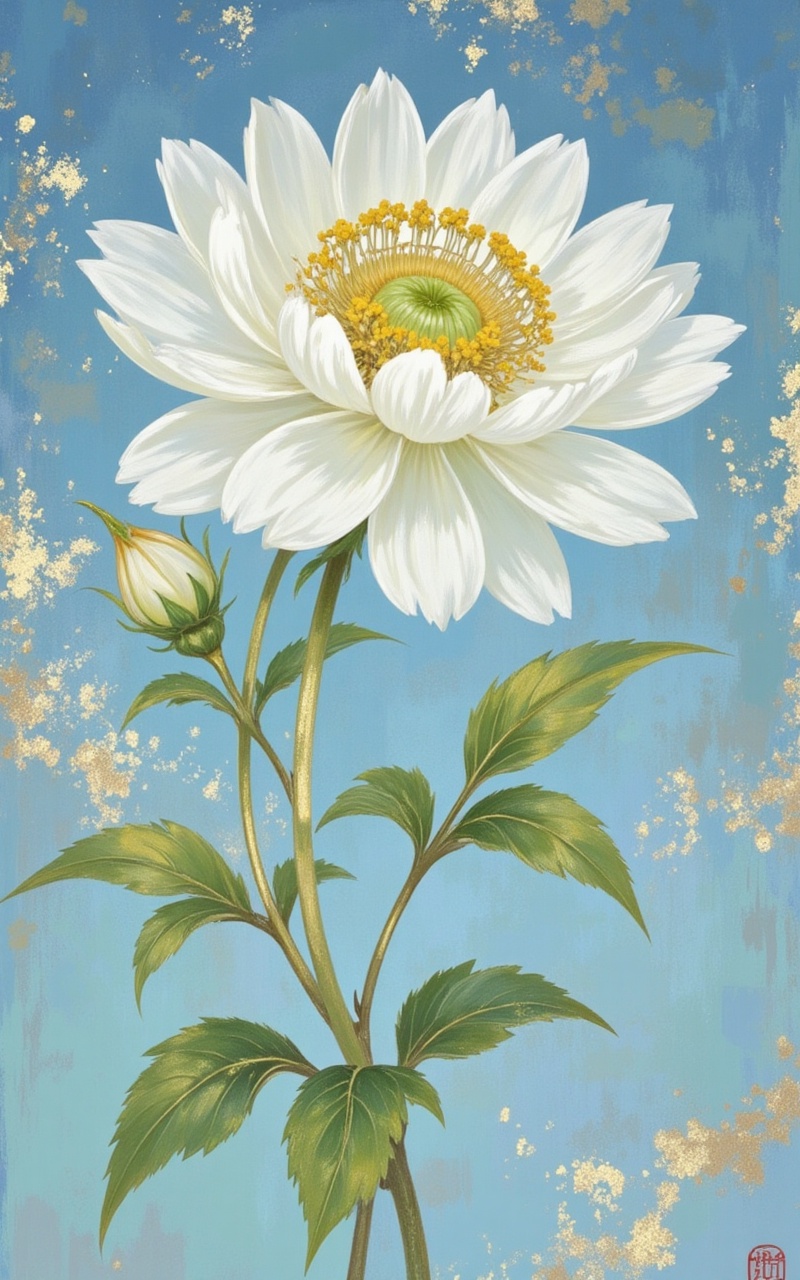 jinbo,lvjing,baoshi,no humans,flower,white flower,still life,signature,leaf,blue background,artist name,daisy,plant,yellow flower,26,