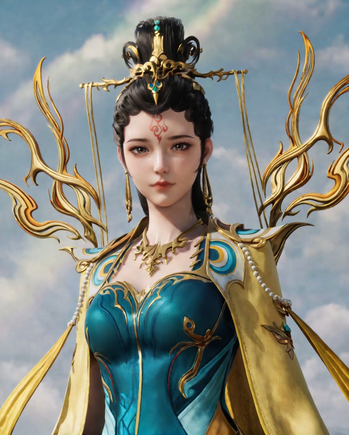 score_9,<lora:SF_NvWa_Pony_Realism-000003:0.7>,black hair,long hair,DarkCyan dress,1girl,solo,flower,earrings,forehead mark,yellow cape,branch,hair ornament,standing,looking at viewer,cowboy_shot,