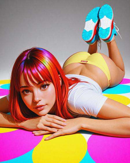 masterpiece, realistic, photo realistic, newest, high quality, highres, Woman, simple_background, colorful_background, watching_to_viewer, lying_on_stomach, chin_on_hands, naughty, beight_red_hair, thin, yellow_tanga_panties, Sneakers, white_shirt, high_quality, highres, detailed_eyes, beautiful, detailed, masterpiece, best quality, absurdres, 8k, HDR, face_focus, 