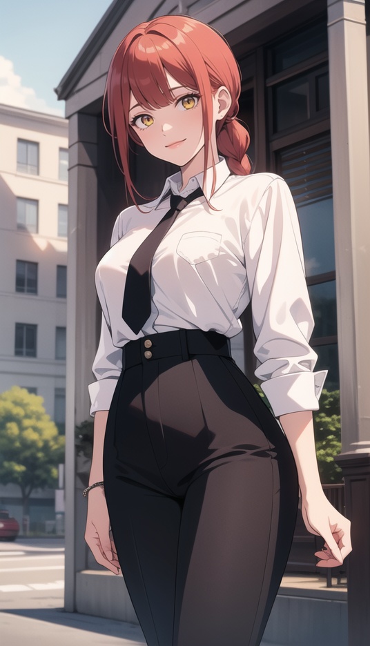 (best quality), ((masterpiece)), (highres), illustration, original, extremely detailed,1girl, makima \(chainsaw man\), solo, necktie, braid, shirt, pants, looking at viewer, black necktie, yellow eyes, breasts, red hair, braided ponytail, black pants, white shirt, smile, collared shirt, outdoors, long sleeves, bangs, long hair, ringed eyes, shirt tucked in, building, high-waist pants, sky, sidelocks, formal