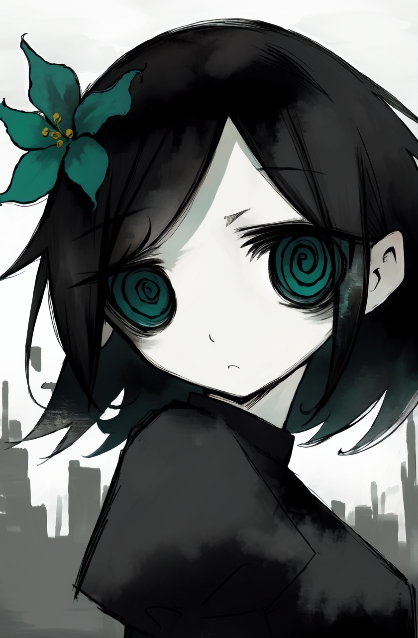 masterpiece,best quality,absurdres,1girl,solo,looking at viewer,black hair,black dress,@_@,spot color,upper body,ringed eyes,monochrome,from side,hand on own arm,hair flower,green eyes,cityscape,frown,