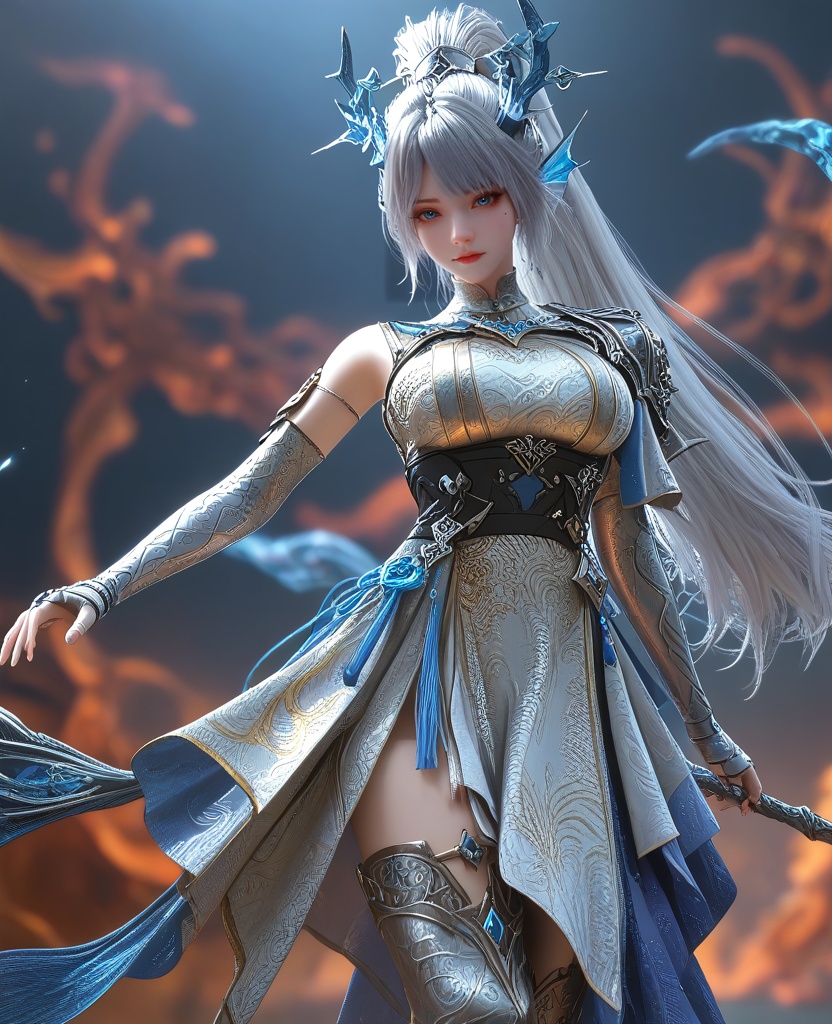 (Standing, hands behind the back,:1.1),looking at viewer,(large breasts:1.2),<lora:XL16云深不知梦白龙漱玉:0.95>,miss shuyu,silver dress,blue eyes,mole under left eye,white hair,ponytail,very long hair,hair ornament,elbow gloves,cape,sash,thigh boots,shoulder armor,head fins ornament,holding polearm,, score_9,score_8_up,score_7_up,score_6_up,score_5_up,score_4_up,3d rendering,tag1,tag2, Cinematic Lighting,backlighting,