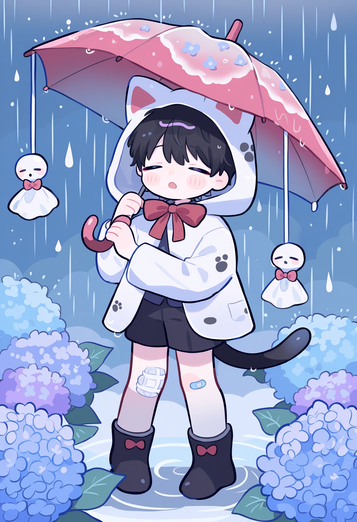 1boy,male focus,closed eyes,umbrella,black hair,holding,shorts,flower,bandaid on leg,tail,cat tail,hydrangea,red bow,bow,bandaid,solo,holding umbrella,raincoat,hood up,hood,black shorts,red bowtie,bowtie,black footwear,rain,cat boy,full body,animal ears,long sleeves,bandaid on knee,short hair,cat ears,boots,animal hood,open mouth,facing viewer,teruterubouzu,child,blush,<lora:Lovely_Illustrious_v0.1-000020:0.6>,