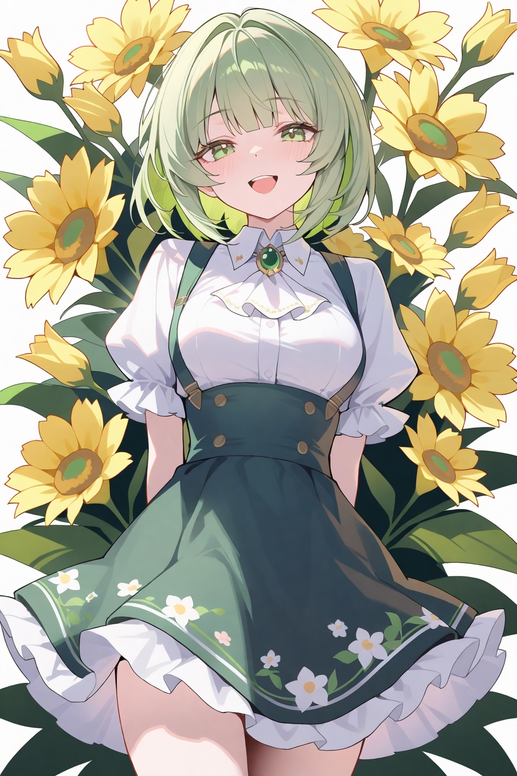 anon,crisp,ezu,Tender,gwwj,Yangling, 1girl, solo, green hair, skirt, green eyes, shirt, white shirt, short sleeves, suspenders, smile, looking at viewer, flower, suspender skirt, floral background, open mouth, frills, puffy sleeves, ascot, puffy short sleeves, collared shirt, white background, frilled skirt, short hair, high-waist skirt, brooch, breasts, arms behind back, cowboy shot, :d, blush, white ascot, teeth
