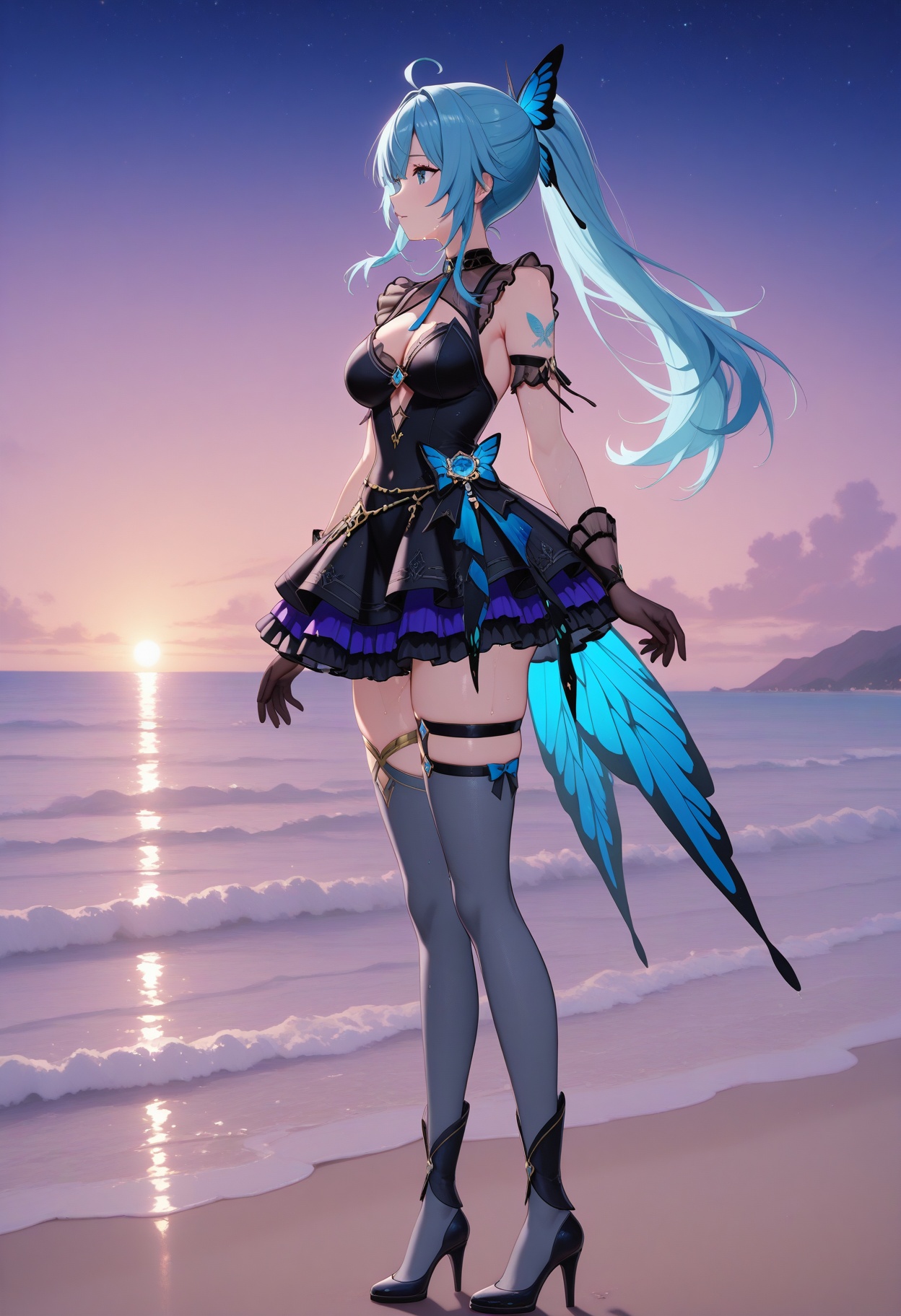 solo,beach,ocean,butterfly_tattoo,collarbonea,soxy,wet body,the body has water,leg chain,chest chain,belly chain,animal collar,waves,gradient_sky,starry_sky,dusk,in summer,<lora:瑰丽(衣服):1>,guili,breasts,thighhighs,gloves,dress,cleavage,jewelry,medium breasts,frills,black gloves,virtual youtuber,black dress,clothing cutout,frilled dress,arms at sides,long hair,blue eyes,skirt,bow,ponytail,sleeveless,black thighhighs,black footwear,high heels,thigh strap,blue bow,grey thighhighs,zettai ryouiki,