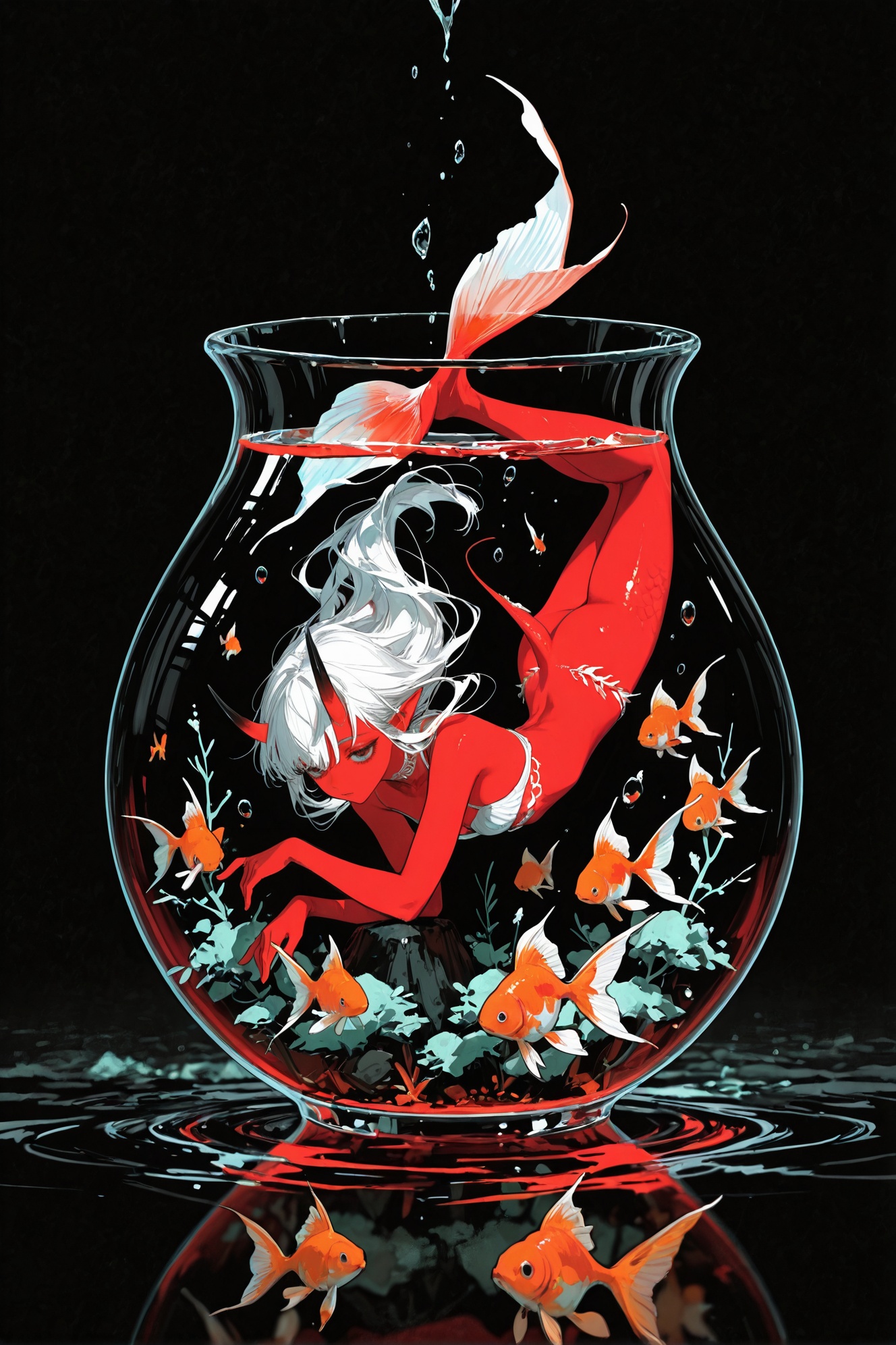 <lora:add-detail-xl:1>,<lora:nyalia_NoobXL:0.3>,usnr,<lora:cutesexyrobutts_style_illustrious_goofy:0.2>,<lora:USNR_STYLE_ILL_V1_lokr3-000024:0.5>,<lora:neon-dark-000016:0.5>,ajnblyst,dark environment,<lora:tenebriflora-noobai-xl:0.3>,lineart,(4k,8k,Ultra HD),masterpiece,best quality,ultra-detailed,very aesthetic,depth of field,best lighting,detailed illustration,detailed background,cinematic,beautiful face,ambient occlusion,raytracing,soft lighting,8K,illustrating,CG,detailed background,cute girl,BREAKAka-Oni,oni,(oni horns),colored skin,(red skin:),smooth horns,black horns,straight horns,BREAKwatercolor,black and white,fishbowl,simple background,solo,goldfish tail,diving,water,ink trail,diffusion,close-up,girl with fishtail,mermaid,BREAK(rella:1.2),(redum4:1.2) (au \(d elete\):1.2) (dino \(dinoartforame\):1.1),