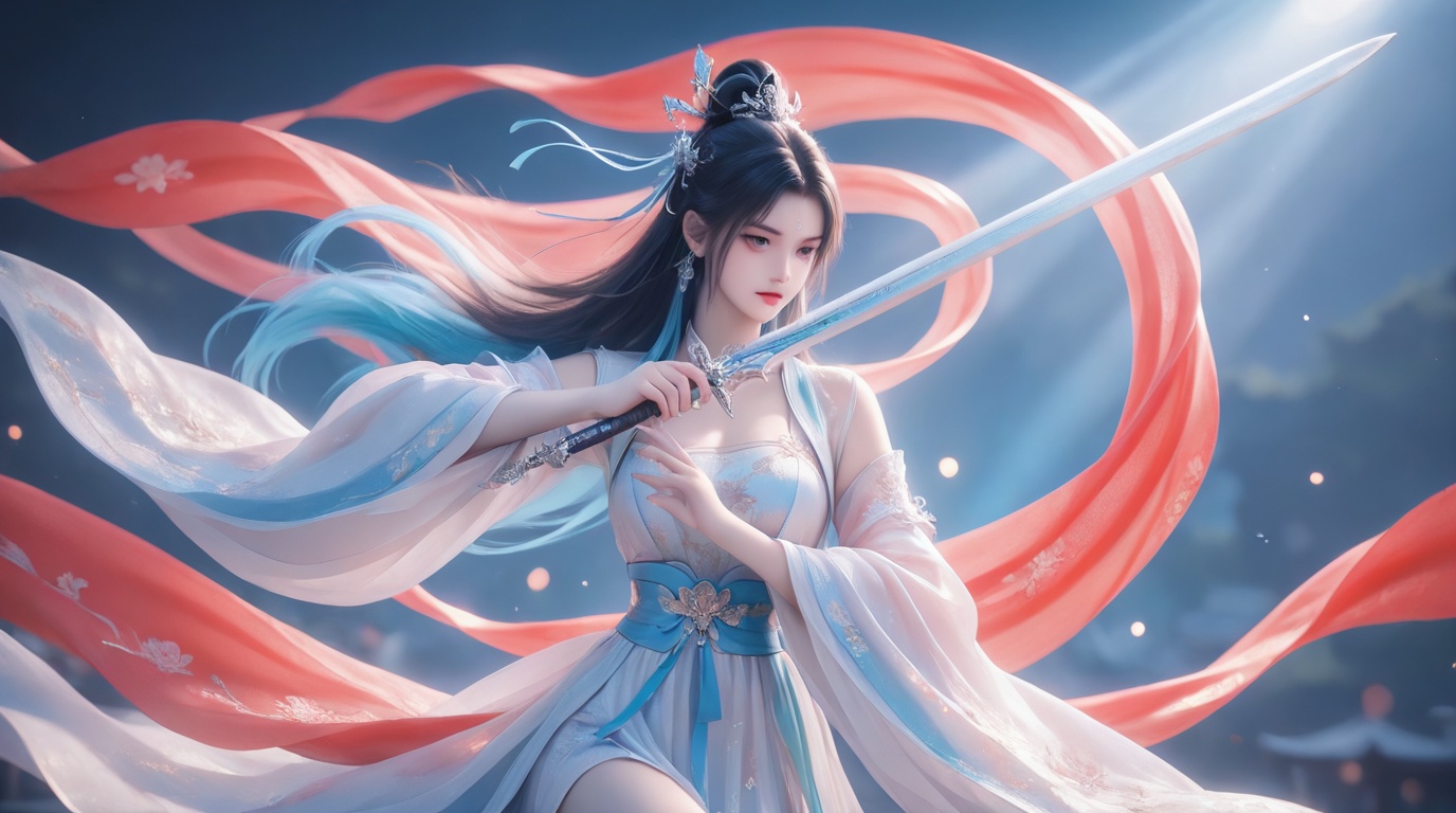 donghua,\(glow\),emit light,figure,donghua,figure,\(glow\),thick impasto texture, hyper-detailed photorealistic rendering, Chinese Song Dynasty-style chemise with wide sleeves and ice-blue highlights, Single female martial artist in celestial combat pose, Holding Longquan sword with metallic sheen and intricate blade patterns, Dramatic chiaroscuro lighting with volumetric light rays, Crimson silk ribbons flowing in wind, Jade hairpins with floral motifs, Subtle skin texture with realistic pores, Dynamic fabric drapery showing tension and weight, Cosmic particle effects surrounding figure, No text, 8k resolution, cinematic composition, --ar 16:9 --v 6.0 <lora:aidmaImageUpgrader-v0.3-IL:0.31>aidmaImageUpgrader < <lora:20250612-1749733143985:0.4> <lora:国潮古风_v2_il-v1-20:0.4>