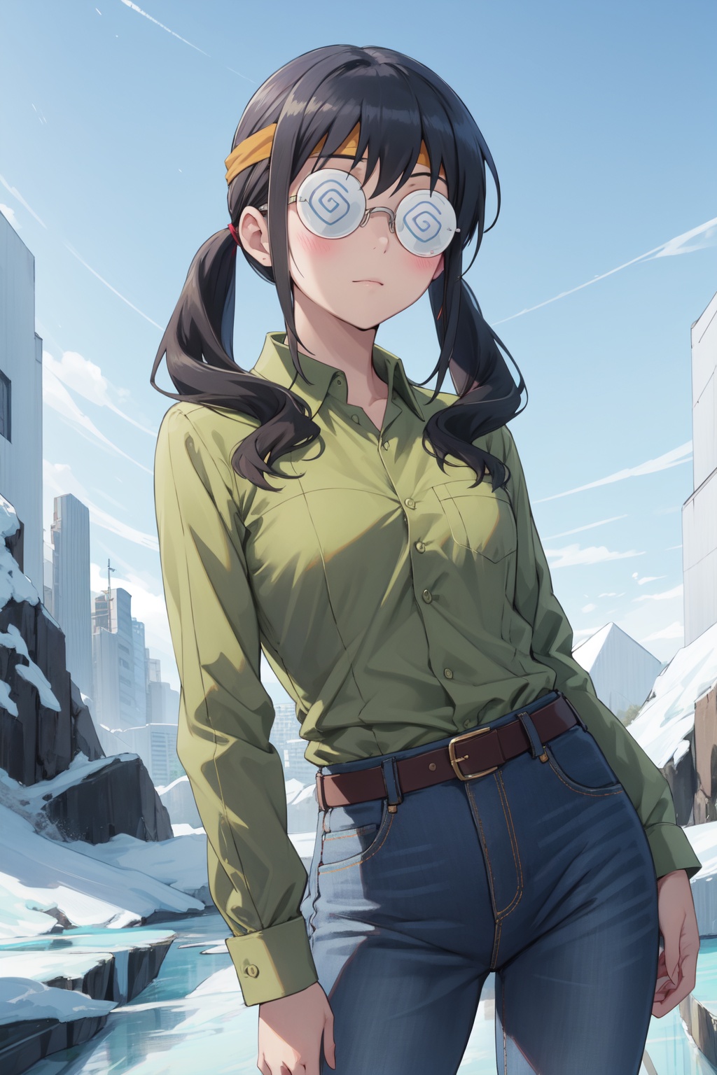 <lora:Saori-000014:0.8>,Saori cyql,1girl,looking at viewer,solo,twintails,black hair,long hair,headband,glasses,@_@,round eyewear,coke-bottle glasses,shirt,collared shirt,green shirt,long sleeves,belt,pants,blush,blue pants,denim,buttons,light_blush,panorama,beautiful face,beautiful eyes,glossy skin,shiny skin,Ice, Cave, Glacial, Icicles, Blue, Reflection, Cold, Serenity,(Ancient oaks, Moss-covered branches, Sun-dappled forest floor, Enchanted atmosphere, Forest spirits, Timeless beauty:0.5),beautiful detailed sky,beautiful detailed glow,posing in front of a colorful and dynamic background,masterpiece,best quality,beautiful and aesthetic,contrapposto,female focus,wallpaper,fashion,