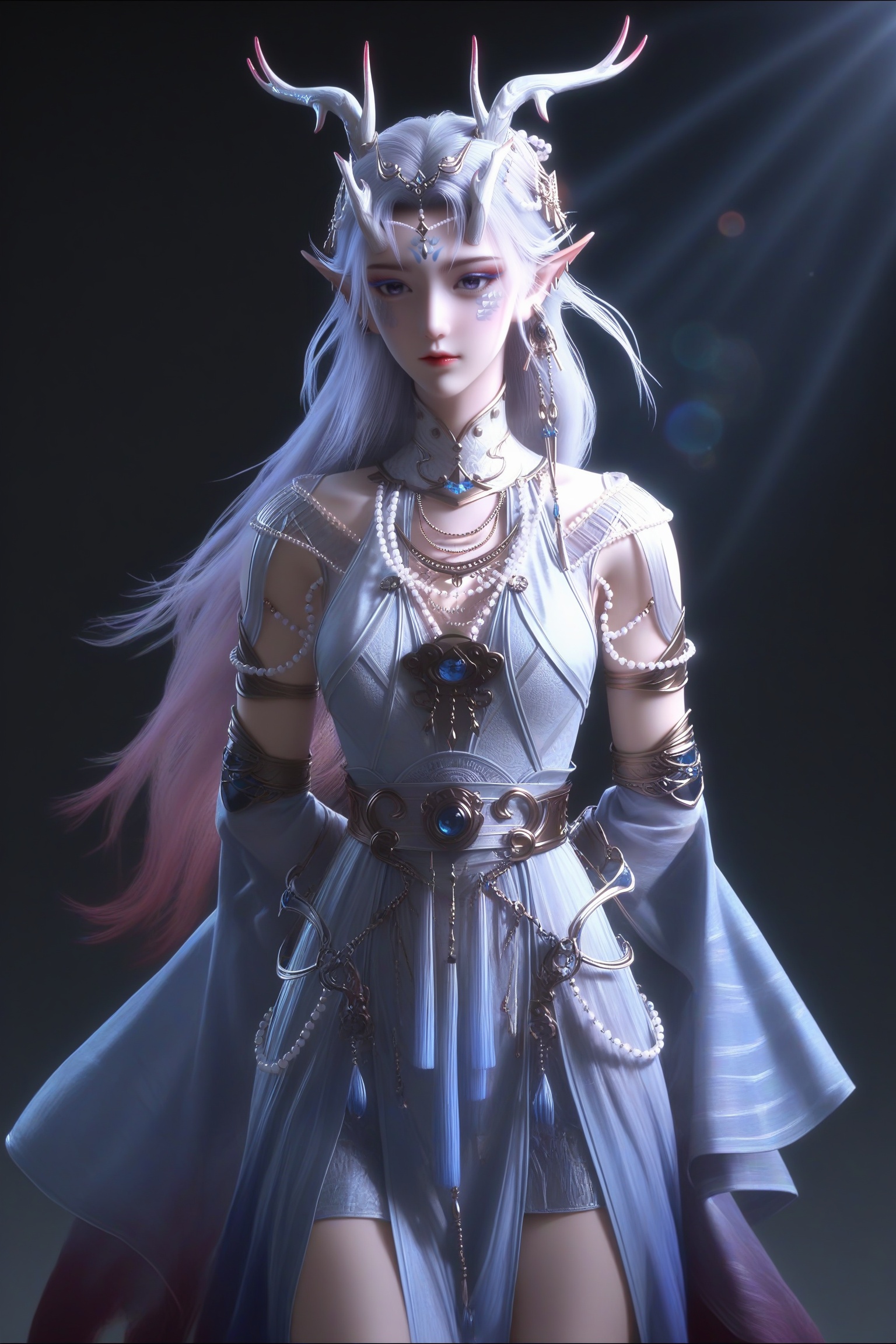 masterpiece,best quality,absurdres,highres,mature female,solo,<lora:念云-ill:0.85>,long hair,silver hair,dragon horns,hair ornament,elf ears,dangling earrings,facial mark,forehead mark,ear piercing,eyeshadow,gradient hair,(blue yes),(purple_pupils),light blush,BREAKglamor,(slender:1.1),collarbone,(narrow waist),standing,front view,arms behind back, blue gemstone,white pearls,high collar,layered necklace,fantasy dress,pearl necklace,collar gem,chest jewel,waist gem,waist belt,detached sleeves,light blue dress,bare legs,long skirt,BREAK(white_skin:1.1),(fair_skin:1.1),simple background,black background,Volumetric Lighting,Cinematic Lighting,lens flare,Tyndall effect,
