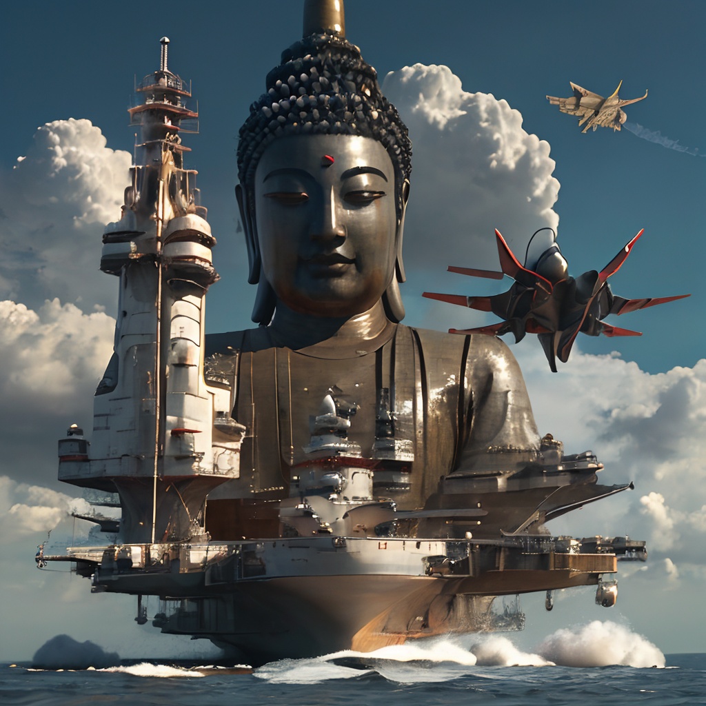 Sakyamuni,A tall portrait,guangzy,cloud,aircraft,sky,military,airplane,day,military vehicle,no humans,science fiction,scenery,spacecraft,watercraft,armor,<lora:jinlong_20240210181031:0.8>, masterpiece, best quality,
