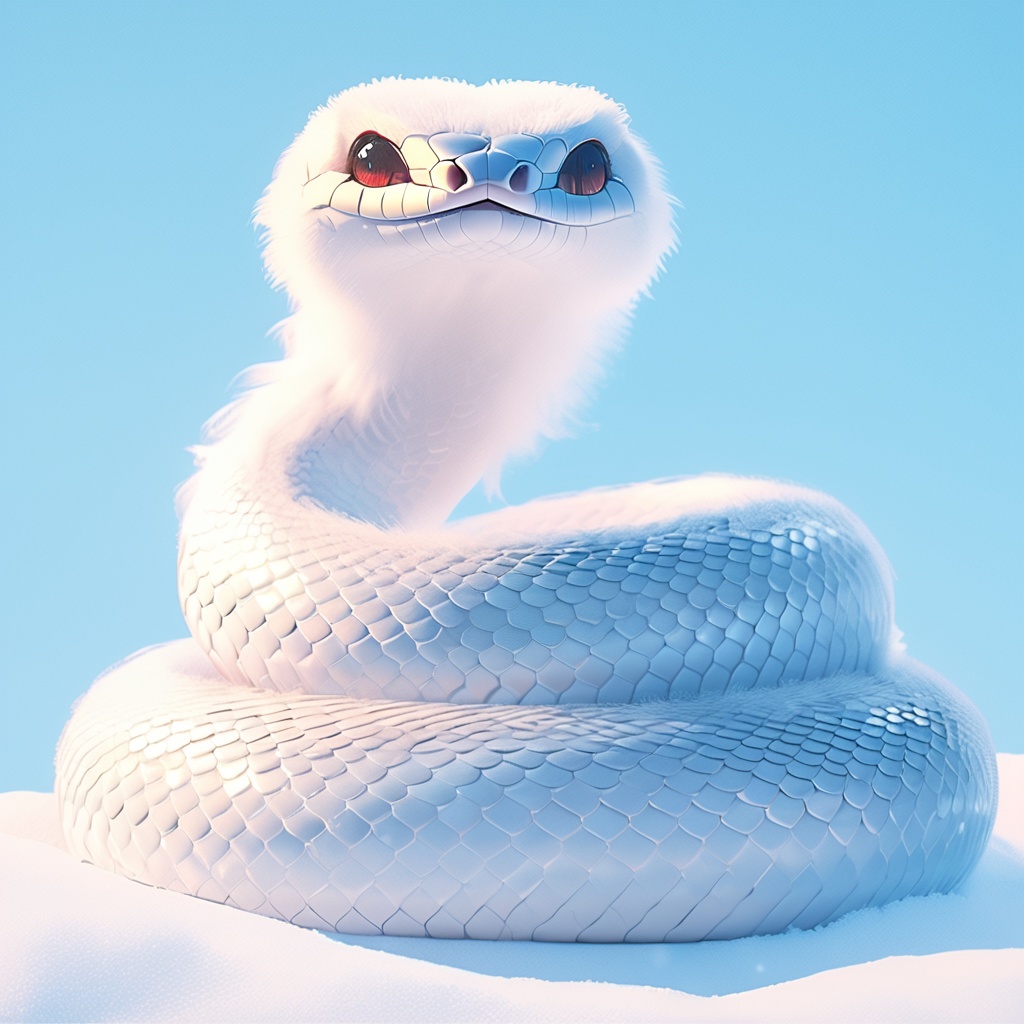 sishe,snake,cute,cc-color-correction,mf-movie-filter,warm colors,whimsy and dramatic lighting,white fur,soft lighting,fluffy,scales,white snake,snake focus,blue theme,blue background,no humans,close-up,simple background,day,looking at viewer,outdoors,oversized animal,snow,sky,<lora:sishe_xl:0.8>,