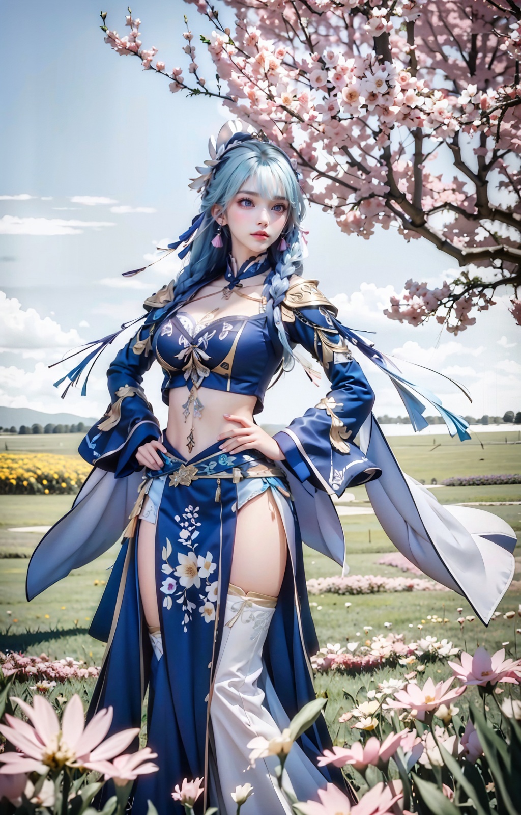 a woman in a costume standing in a field of flowers with her hands on her hips and her hair blowing in the wind,Du Qiong,final fantasy,a character portrait,fantasy art,absurdres,highres,wallpaper,colorful,thick eyebrows,pupils,bright_pupils,makeup,eyeshadow,lipstick,long_eyelashes,mascara,face_focus,eyes_focus,front view,looking_at_viewer,<lora:王者荣耀-杨玉环:0.9>,