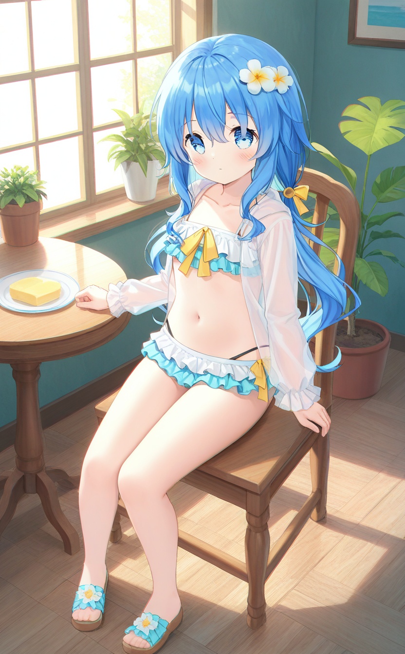 <lora:swimsuit-yoshino:0.8>,<lora:guizhencao-style:0.2>,guizhencao style,swimsuit yoshino,absurdres,best quality,chromatic_aberration,high quality,masterpiece,indoors,1girl,solo,full body,blue eyes,blue hair,very long hair,hair bow,hair flower,hair ornament,hair ribbon,blush,closed mouth,looking at viewer,navel,bow,collarbone,long sleeves,ribbon,swimsuit,sitting,on chair,chair,plant,plate,potted plant,table,window,