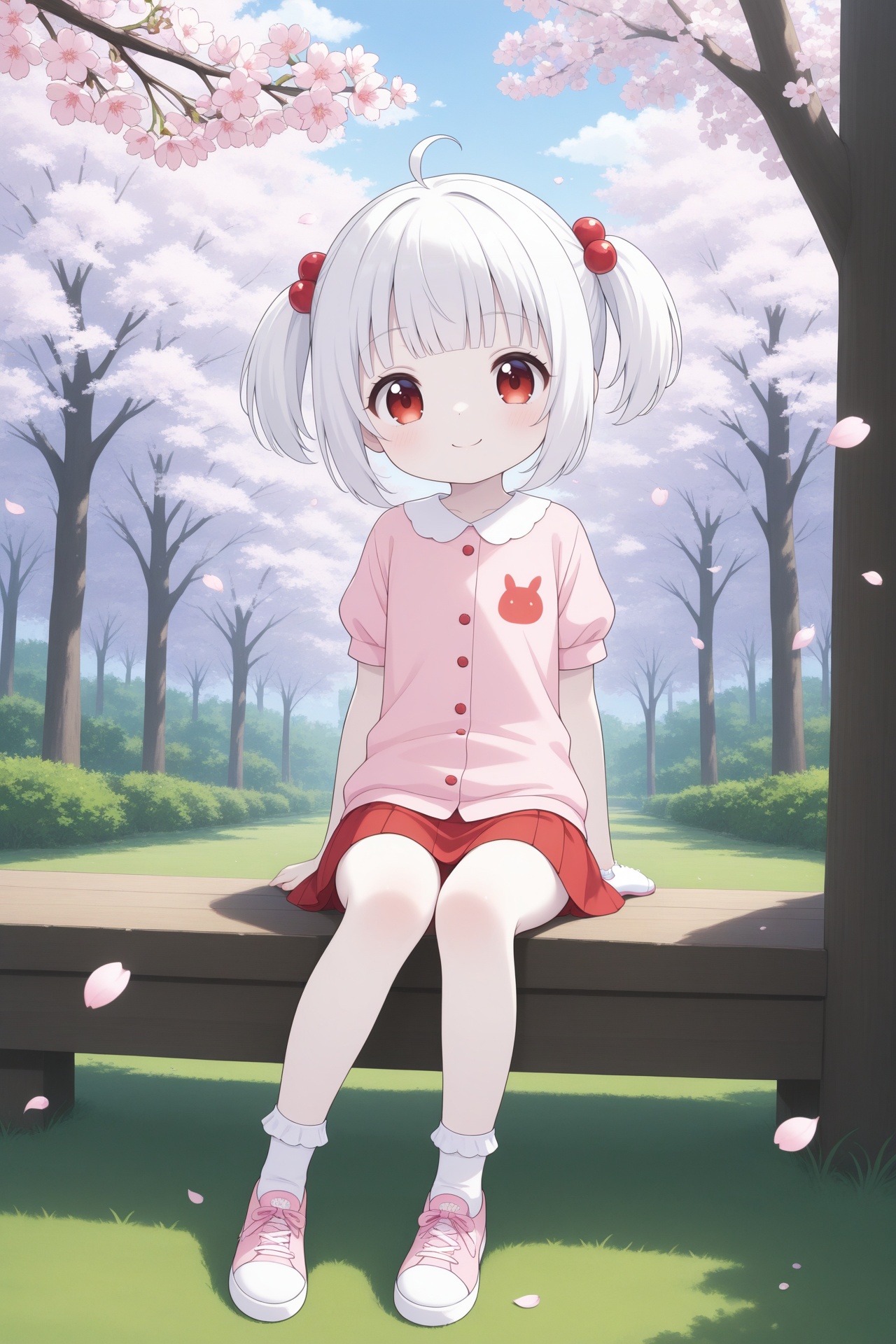 <lora:精致风景与场景ill:0.4>,wallpaper,highres,falling cherry blossoms,4k,cherry_blossoms,cherry blossom forest,solo,1girl,little_girl,loli,kawaii,child,short hair,white hair,blunt bangs,twintails,ahoge,(pale skin:0.8),red eyes,hair ornament,short_sleeves,miniskirt,bobby_socks,sneakers,smile,sitting,