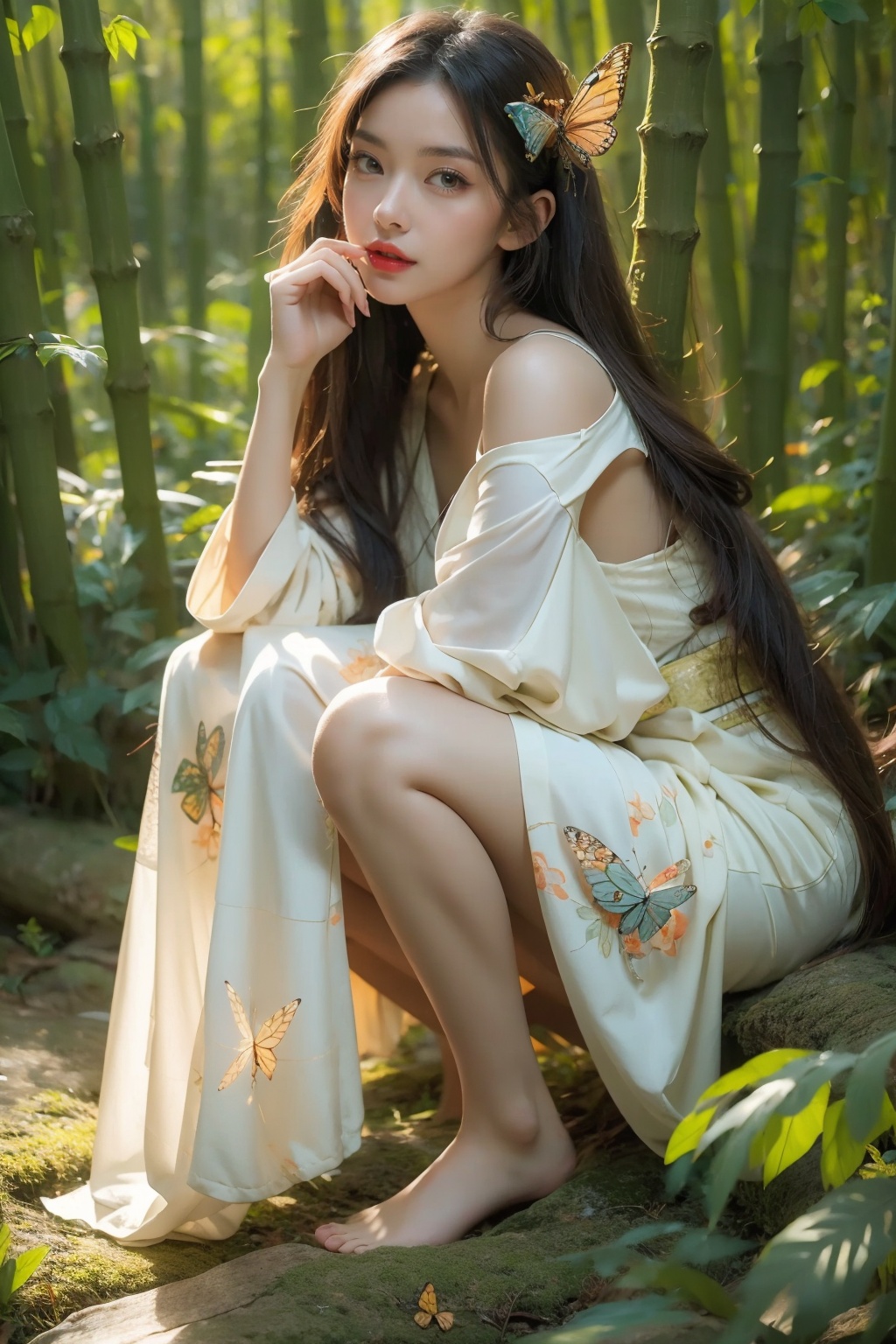 (masterpiece:1.2),best quality,highres,extremely detailed CG,8k wallpaper,photograph,night,1girl,forest system,nature,butterfly,bug,long hair,butterfly,hair ornament,sleeves flying,ribbon trim,looking at viewer,hanfu,barefoot_sandals,makeup,red lips,bare shoulders,lipstick,hair flower,<lora:FF_20240114010424-000007:0.7>,