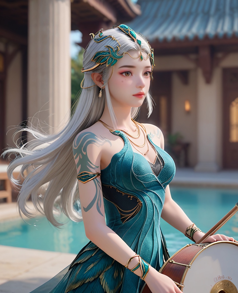 (oriental architecture, elegant decor, sophisticated style:1.1),(drumming:1.1),(breasts:1.2),<lora:XL遮天秦瑶:0.8>,miss qinyao,green strapless dress,armlet,arm tattoo,necklace,feather overskirt,bracelet,hair ornament,long hair,white hair,brown eyes,pink eyeshadow,moles under the eyes,medium breasts,cleavage,lips,, score_9,score_8_up,score_7_up,score_6_up,score_5_up,score_4_up,3d rendering,tag1,tag2, Cinematic Lighting,backlighting,