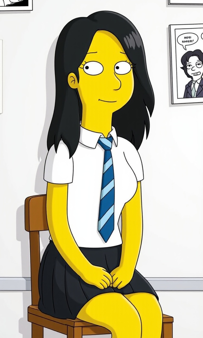 This is a high-definition cartoon-style image. "The Simpsons.", <lora:辛普森v2:1>,In the picture, there is a woman wearing a white short-sleeved shirt and a black pleated skirt, with a blue and white striped tie. She has long black hair, sitting on a wooden chair with her hands resting on her knees, facing the camera, and her eyes are looking at the camera. She appears to be around 20 years old, slim, and her expression is calm. Her outfit consists of a white short-sleeved shirt, a blue and white striped tie, and a black pleated skirt. Her hair is flowing freely without bangs. The background is a white wall, hanging some black and white comics.