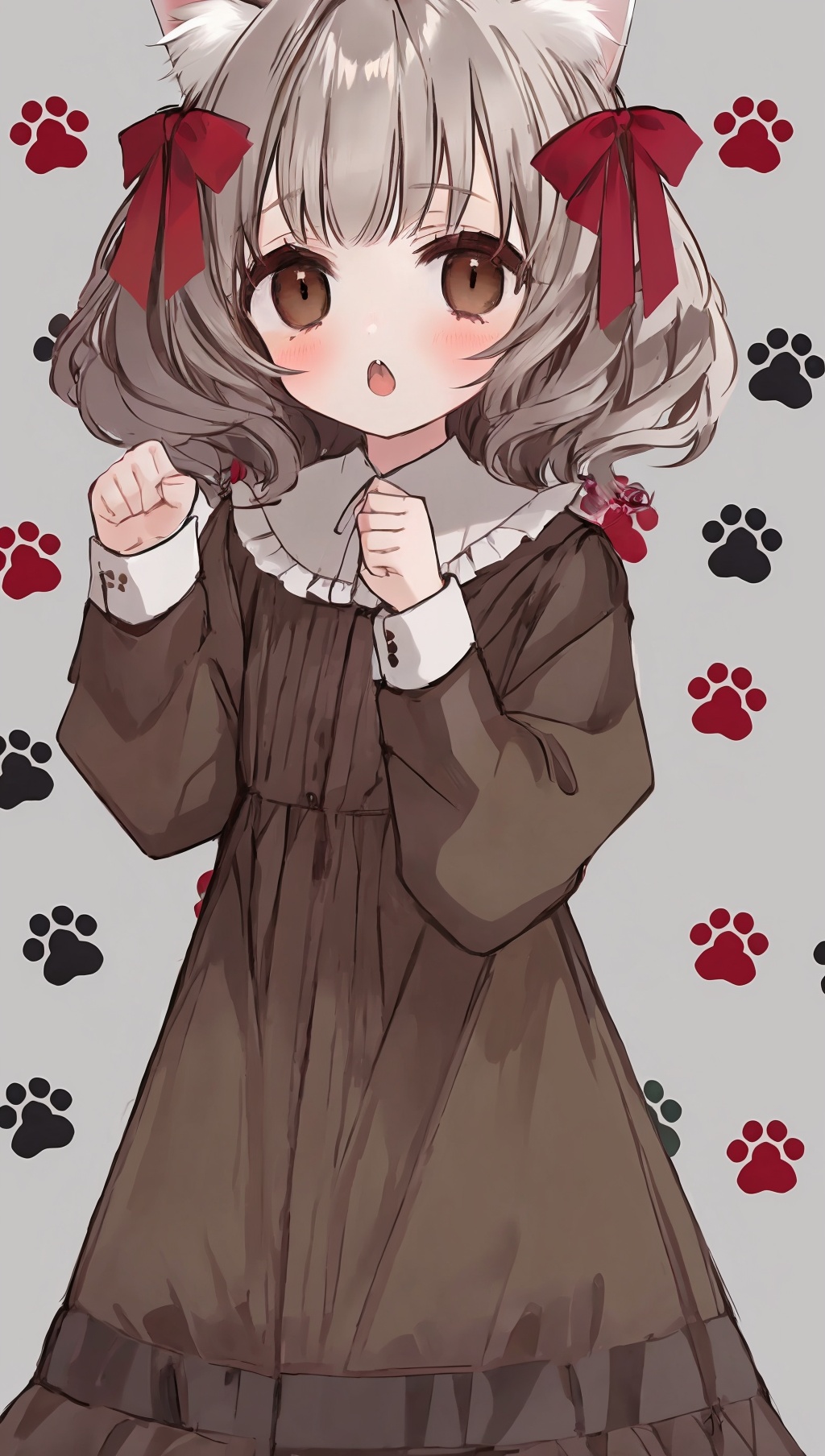 1girl,animal ears,solo,bow,dress,grey background,animal ear fluff,cat ears,hair bow,paw print,long sleeves,open mouth,simple background,red bow,brown eyes,looking at viewer,brown hair,bangs,****,blush,collared dress,hands up,frills,paw pose,grey hair,brown dress,puffy sleeves,paw print background,