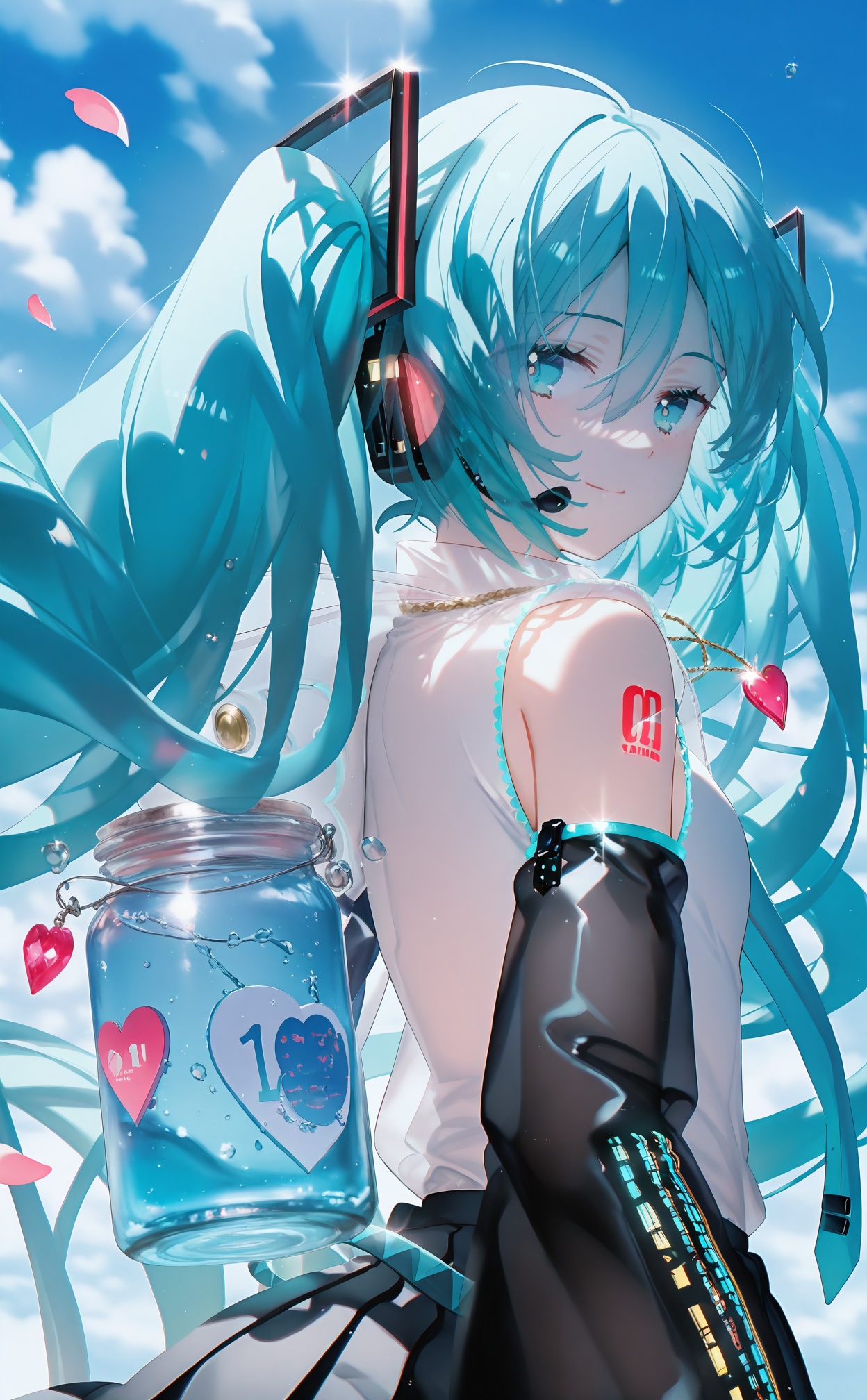 masterpiece,absurdres,best quality,high quality,chromatic_aberration,//,hatsune_miku,1girl,solo,long_hair,twintails,cloud,looking_back,sky,looking_at_viewer,heart,smile,jewelry,cloudy_sky,detached_sleeves,necklace,from_behind,headphones,see-through,shirt,sleeveless,holding,sleeveless_shirt,very_long_hair,bare_shoulders,skirt,heart_necklace,shoulder_tattoo,blue_sky,blue_hair,hair_between_eyes,tattoo,outdoors,blue_theme,closed_mouth,blue_eyes,black_skirt,day,floating_hair,hair_ornament,backlighting,light_smile,transparent,bottle,hood,water_drop,pleated_skirt,aqua_hair,light_particles,upper_body,petals,glowing,black_sleeves,headset,aqua_eyes,white_shirt,jar,glint,number_tattoo,grey_shirt,//,//,<lora:konya_karasue——【CKXL】hans:1>,