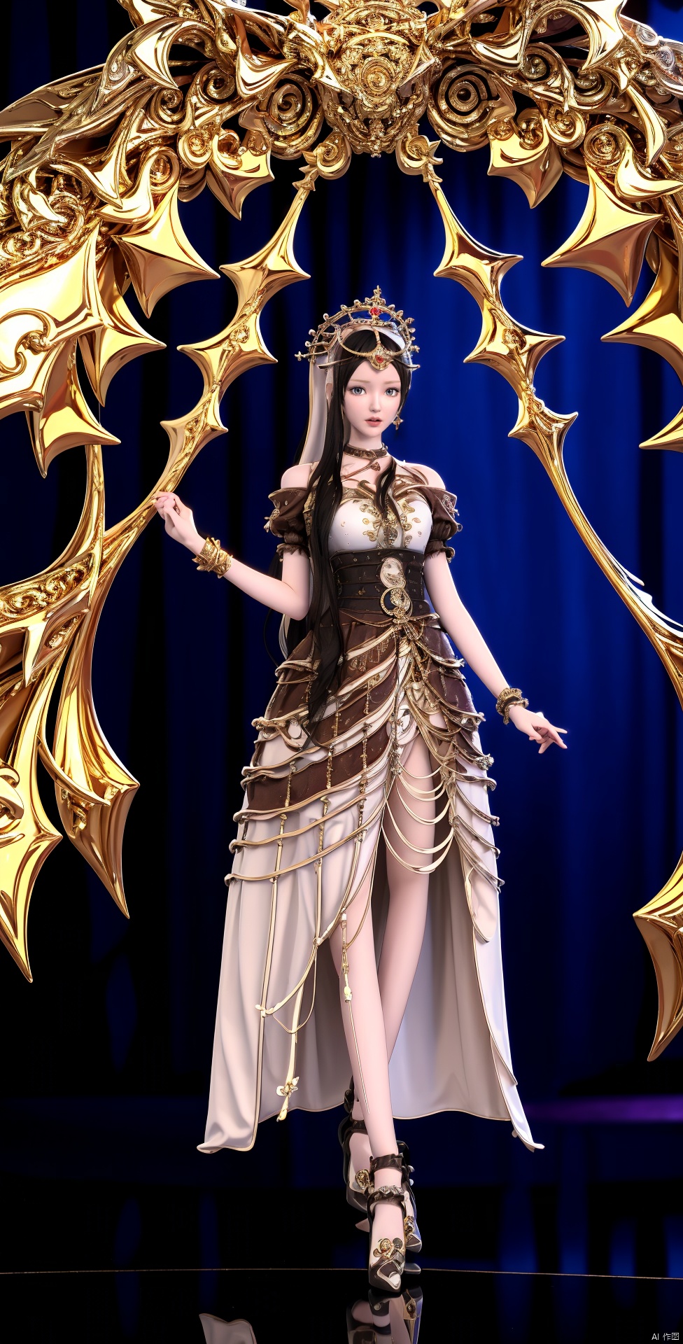 1girl, solo, long hair, breasts, looking at viewer, dress, bare shoulders, jewelry, upper body, earrings, white dress, bracelet, crown, ice, crystal,,full body,blind box effect<lora:EMS-7720-EMS:-0.800000>, <lora:EMS-39509-EMS:0.300000>, <lora:EMS-419316-EMS:0.800000>
