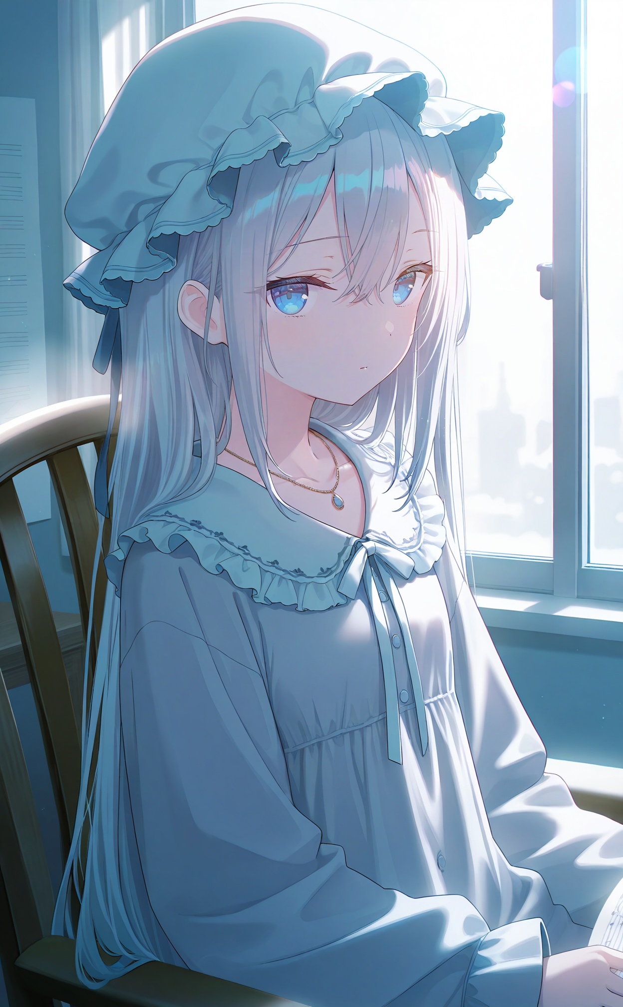 masterpiece,very aware,highres,absurdres,newest,best quality,(loli),petite,high quality,chromatic_aberration,White Theme,nsfw,//,yoisaki_kanade,1girl,solo,long_hair,mob_cap,hat,blue_eyes,jewelry,necklace,hair_between_eyes,window,long_sleeves,sitting,white_headwear,collarbone,very_long_hair,looking_at_viewer,grey_hair,pajamas,frills,paper,indoors,straight_hair,expressionless,upper_body,chair,frilled_shirt_collar,nightgown,looking_outside,closed_mouth,official_alternate_costume,grey_dress,asahina_mafuyu,frilled_hat,dress,double-parted_bangs,sheet_music,blue_theme,white_hair,on_chair,//,artist:luvluvvox,artist:fukai ryosuke,[artist:Torino aqua],artist:minato hitori,hiten_(hitenkei),artist:rurudo,artist:lazuri7,artist:yunikon,//,absurdres,newest,very aesthetic,amazing quality,highres,sensitive,ultra detailed,best anatomy,HDR,8K,high detail RAW color art,high contrast,illustration,depth of field,(colorful),phenomenal aesthetic,detailed light,blurred picture,Tyndall effect,contrast,lens flare,cinematic lighting,//,<lora:PVC5——【noob】hans:0.3>,<lora:konya_karasue——【noob】hans:0.5>,<lora:pjsk-noob-hans:0.65>,