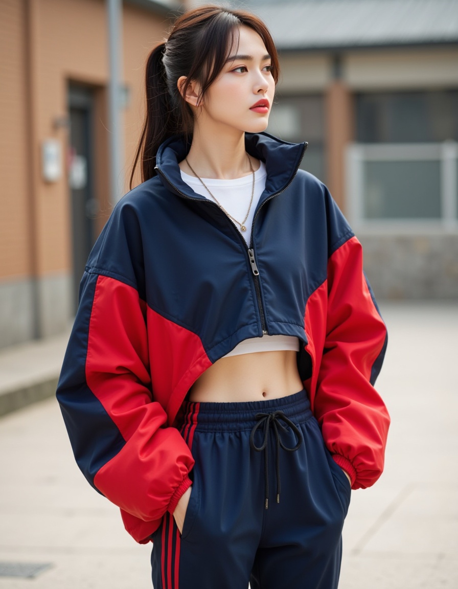 a real picture of a south korea woman,In Cropped windbreaker and track pants with side snaps,