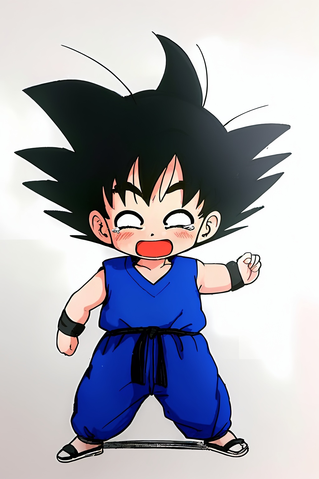 1 boy,1boy,:d,arms at sides,black eyes,black hair,closed eyes,clothes writing,crying,d:,dougi,full body,happy,open mouth,short hair,simple background,smile,solo,son goku,spiked hair,tears,upper body,white background,wristband<lora:蔚蓝Blue小悟空2.0:0.8>