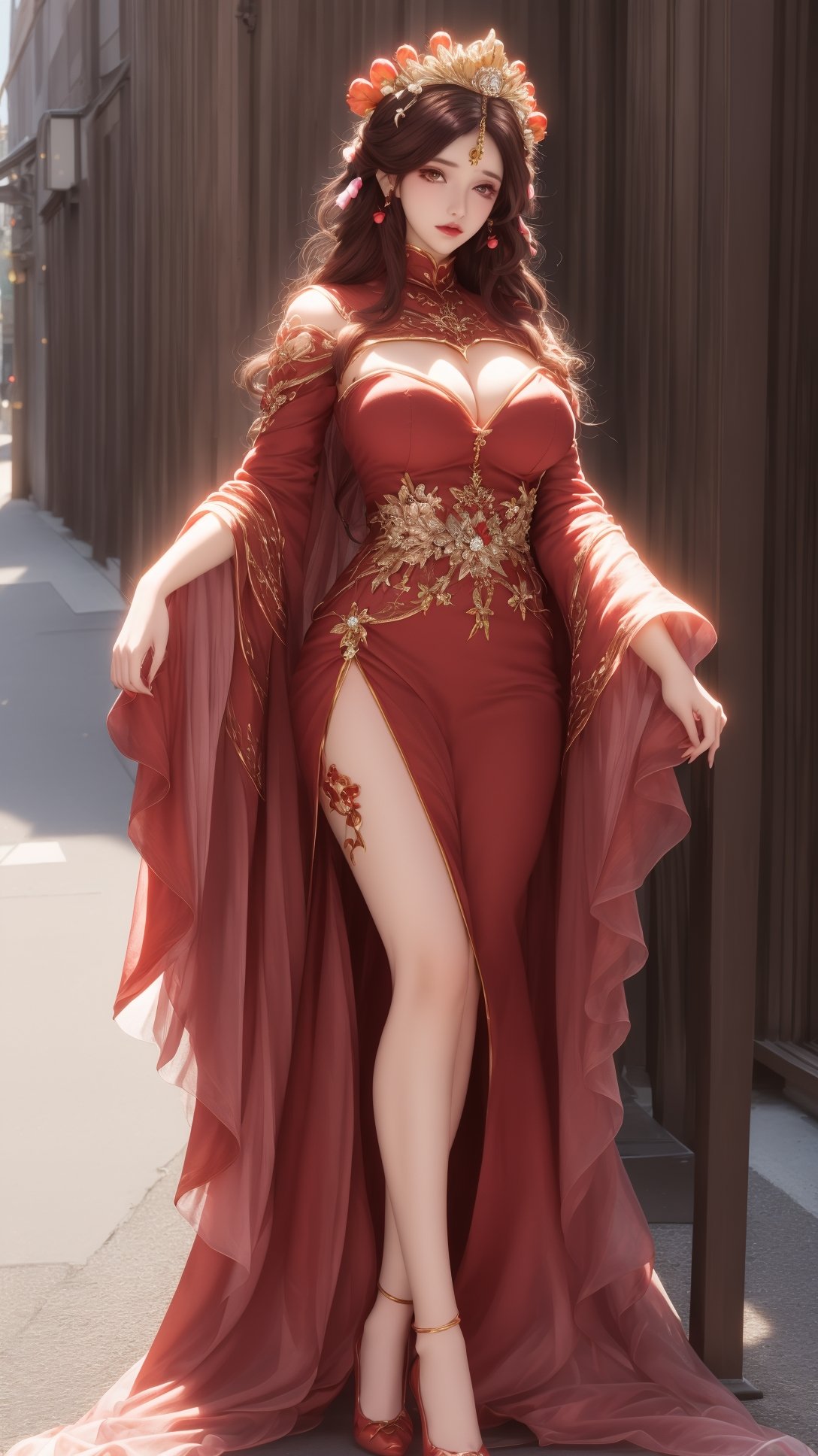(1girl),smooth chin,masterpiece,detailed face,((hair ornament:1.2)),top quality,4k,make up,best quality,huge breasts,(looking at viewer),ribbon,shawl,sleeves,forehead mark,legs,on street,<lora:王者露娜一生所爱_v1.0:0.9>,hair crown,red ball hair ornament,full body,jewelry,red dress,dress lift,