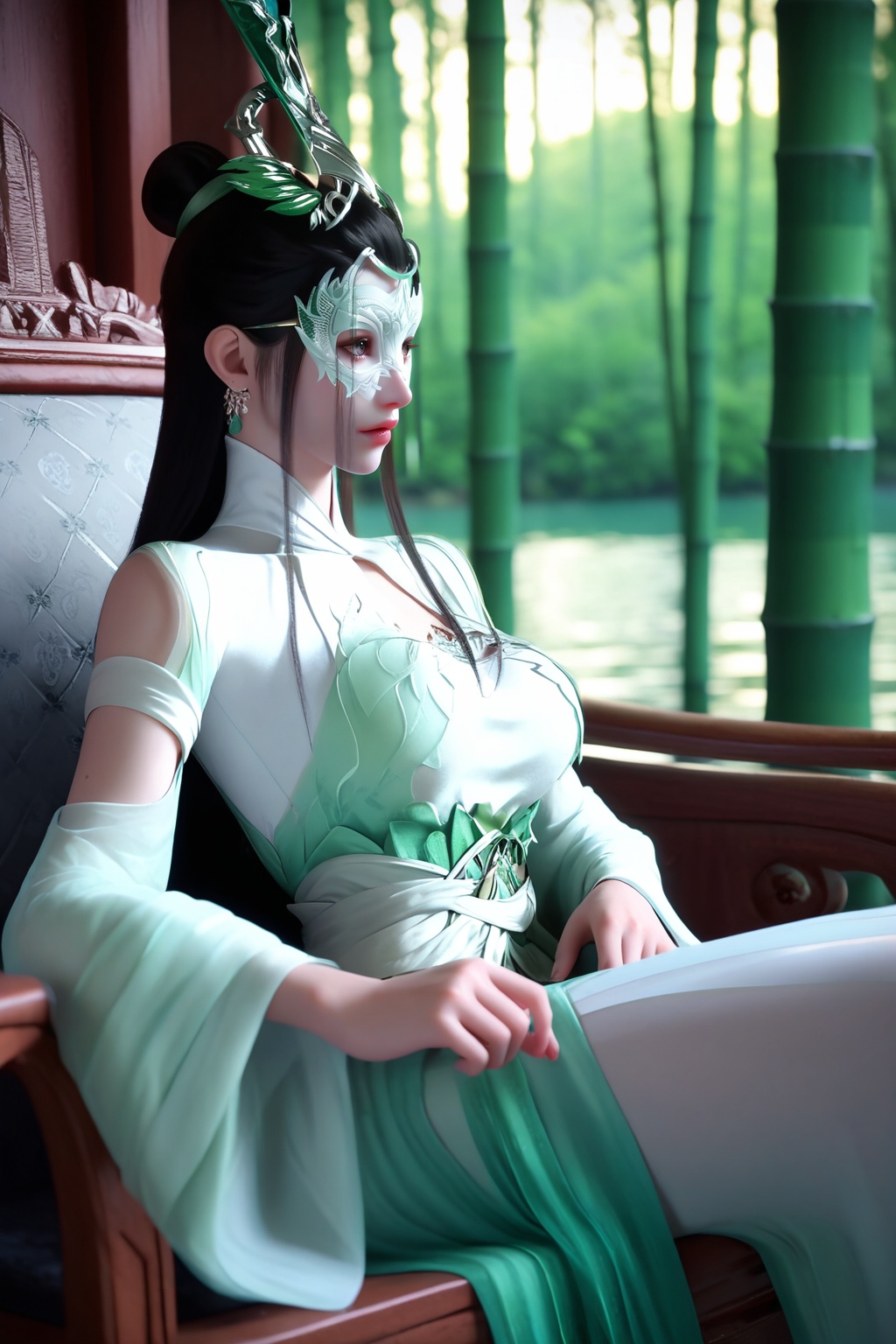 (Seated on a velvet chaise lounge by a crackling fireplace, she embraces the warmth and coziness of the moment:1.2),<lora:XL16神国之上陆嫁嫁:0.85>,miss lujiajia,(domino mask:1.2),mint green chinese clothes of sheer chiffon,brown eyes,black hair,single hair bun with long front strands,very long hair,hair ornament,jewelry,sash,wide flowing sleeves,(large breasts:1.2),bamboo forest,water,river,stone,, score_9,score_8_up,score_7_up,score_6_up,score_5_up,score_4_up,3d rendering,tag1,tag2, Cinematic Lighting,backlighting,