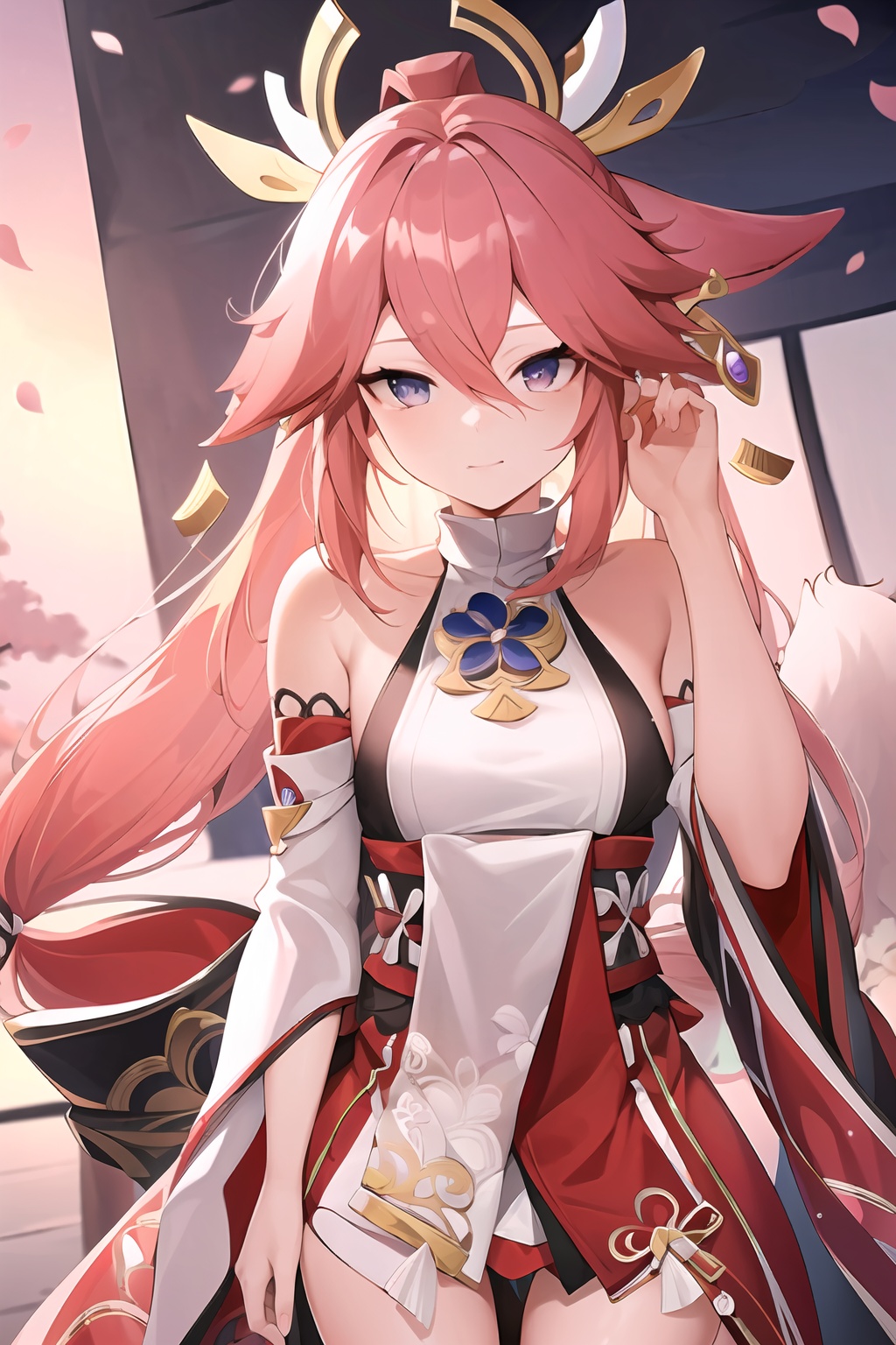 (masterpiece, best quality:1.2),insanely detailed,absurdres,ultra-highres,ultra-detailed,best quality,slender,kawaii,perfect symmetrical face,ultra cute girl,ultra cute face,ultra detailed eyes,ultra cute,ultra beautifu,<lora:Yae Miko-000008:1>,yae miko,1girl,solo,jewelry,detached sleeves,long hair,japanese clothes,wide sleeves,sandals,earrings,breasts,fox ears,bare legs,bare shoulders,long sleeves,toenail polish,hair ornament,ankle lace-up,neck ruff,backless outfit,nontraditional miko,smug,adjusting hair,outdoors,standing,
