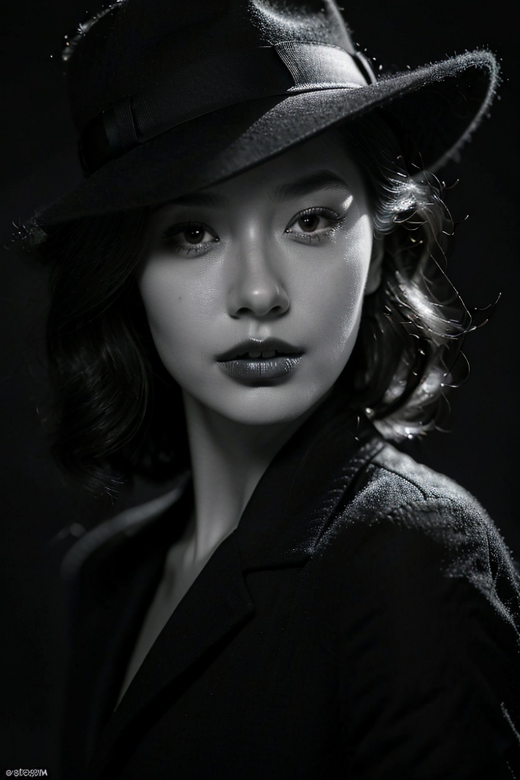 1girl,monochrome,solo,greyscale,hat,looking at viewer,realistic,parted lips,black background,short hair,lips,simple background,nose,portrait,close-up,exquisite makeup,upper body,, masterpiece,best quality,8k,insane details,intricate details,high detail,((masterpiece)), ((best quality)),