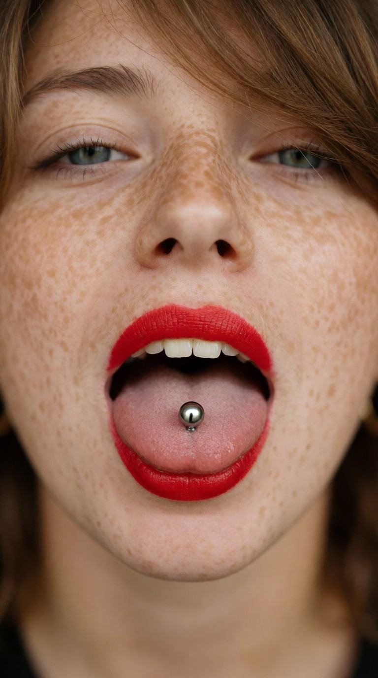 This close-up portrait captures a person with freckled skin,  light brown hair,  and bright red lipstick on Tensor.Art