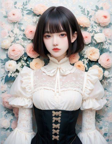 score_9, score_8_up, high quality, masterpiece,natural skin, skin pore,  pale skin,Perfect human body, from waist up, front view, standing,1 woman, Portrait , black short bob hair, puffy face, straight bangs, high collar blouse, lace and frills, flower wallpaper background, 