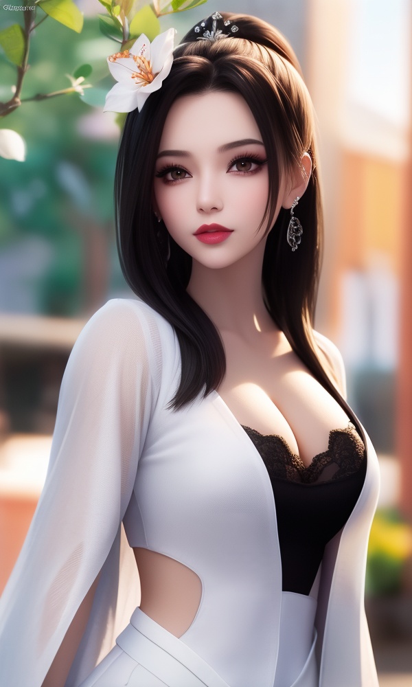 (,1girl, ,best quality, ),looking at viewer, <lora:411-DA-太一剑仙传-季师师:0.8> ,ultra detailed background,ultra detailed background,ultra realistic 8k cg,, ,masterpiece, (( , )),, ,      ,  orange blossoms,  (cleavage), (), ,, blurry, depth_of_field, blurry_background, 1girl, blurry_foreground, black_hair, mole, solo, lips, motion_blur, nose, makeup,