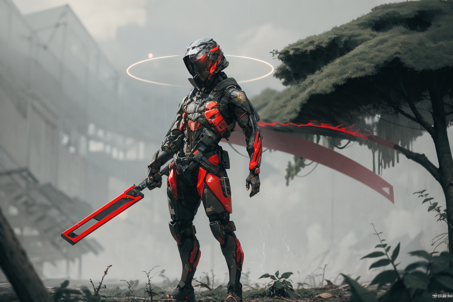 -weapon, solo, gun, 1boy, standing, mask, weapon on back, male focus, full body, 1other, science fiction, blurry,<lora:Apocalypse Aso_20240119162949:1>,Apocalypse Aso,