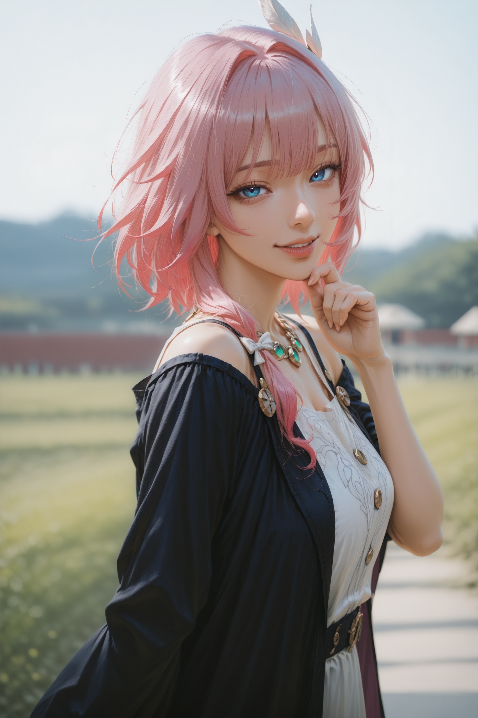 (illustration:1.1),hxxg,(wlop:0.7),newest,anime coloring,art,.,.,general,.,.,1girl,smirk,jewelry,outdoors,(cyrene \(honkai: star rail\):1.1),pink hair,blue eyes,multicolored hair,, very aesthetic, masterpiece, highres, absurdres,