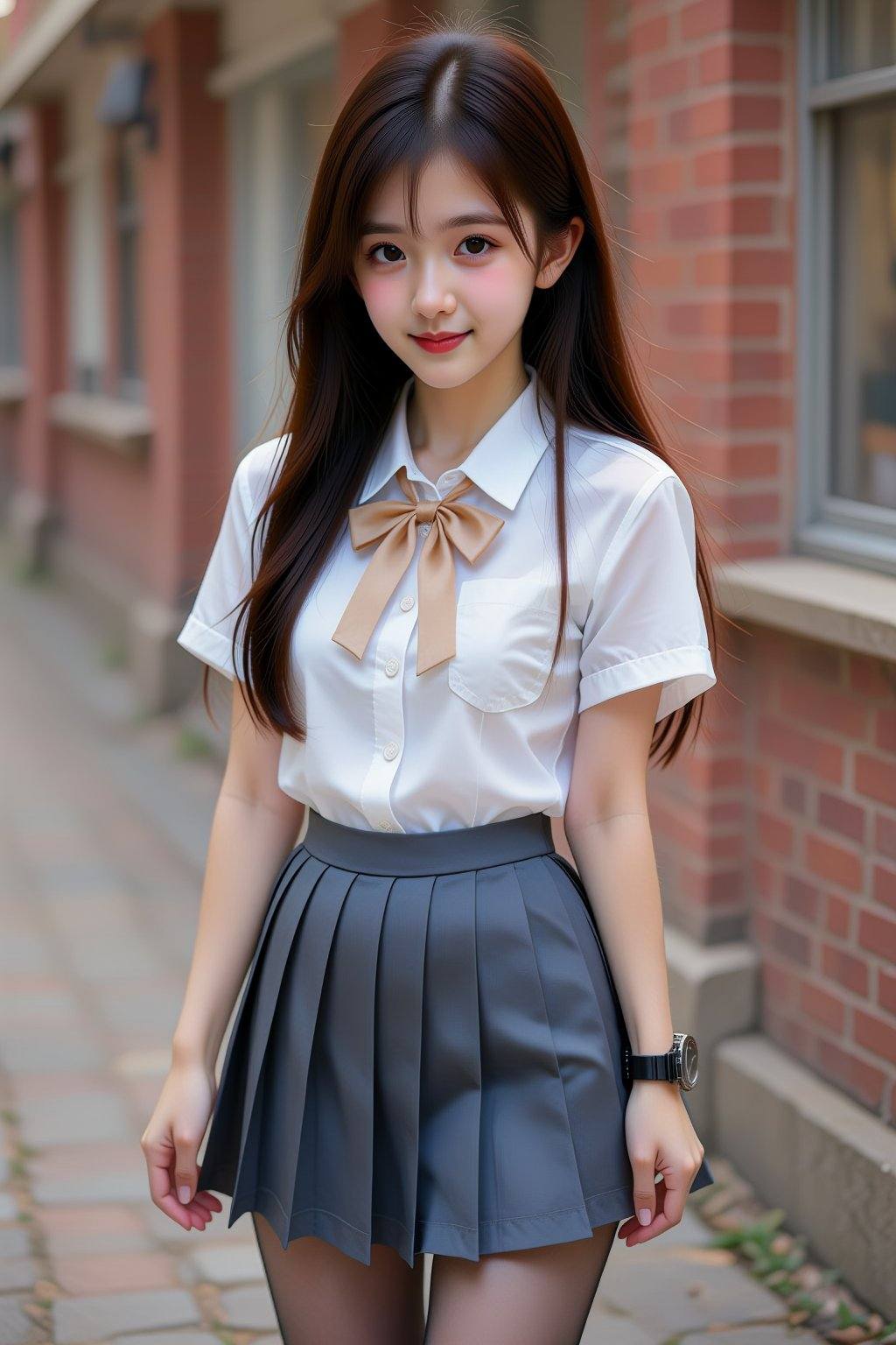 The image depicts a young Asian woman standing outdoors on a brick-paved sidewalk next to a red brick building. She has lo...