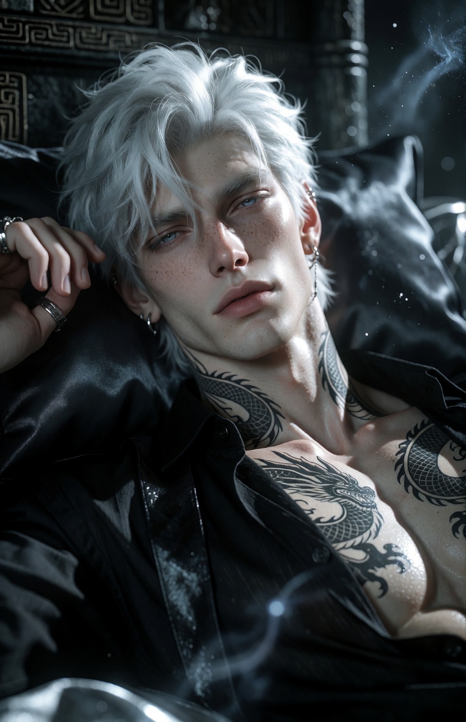 A breathtakingly handsome ancient immortal man with the appearance of a strikingly beautiful ***** in his prime,  tousled...