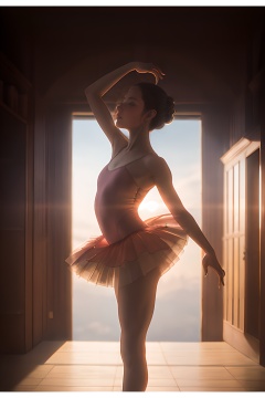 1 girl,photorealistic photography,a ballerina,shot jumping against the background of an energetic sunset. Her silhouette contrasts strikingly in the bright sun. Her position leans against the lower third of the frame,giving the image a sense of balance and movement.,