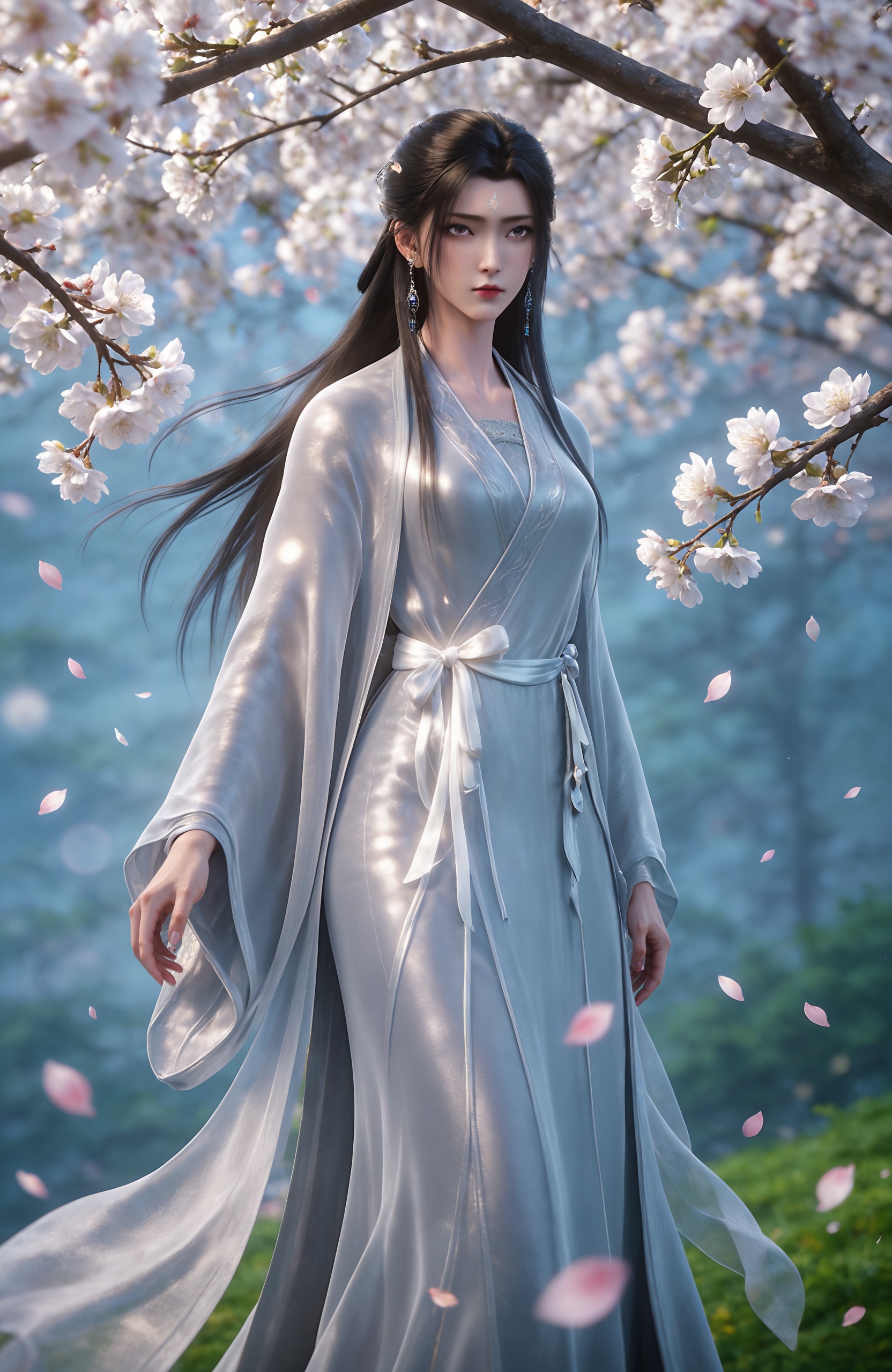 <lora:诛仙3-陆雪琪-居家服Pony:0.8> 1girl, long hair, earrings, forehead mark, black hair, white dress, sash, chinese clothes,ribbon, long sleeves,silver shoessolo,  closed mouth, jewelry, upper body, flower,  petals,  cherry blossoms, branch, falling petals, window blinds, realistic style photo,outstanding style,adding a touch of dimension to your images without compromising details,whirls of vapor,ethereal ambiance,delicate details,magical atmosphere,concept art,highly detailed,ultra-high resolution,32K UHD,sharp focus,best-quality,masterpiece,golden hour,unconventional supreme masterpiece,masterful details,temperate atmosphere,with a high-end texture,in the style of fashion photography,magazine style,Dynamic Angle,Dynamic posture,(cowboy_shot:1.2),depth of field,lens flare,extreme aesthetic,masterpiece,best quality,good quality,newest,year 2025,very aesthetic,absurdres,Visual impact,A shot with tension,ultra-high resolution,32K UHD,sharp focus,best-quality,masterpiece,Emotionalization,unconventional supreme masterpiece,masterful details,temperate atmosphere,with a high-end texture,in the style of fashion photography,(Visual impact:1.2),giving the poster a dynamic and visually striking appearance,