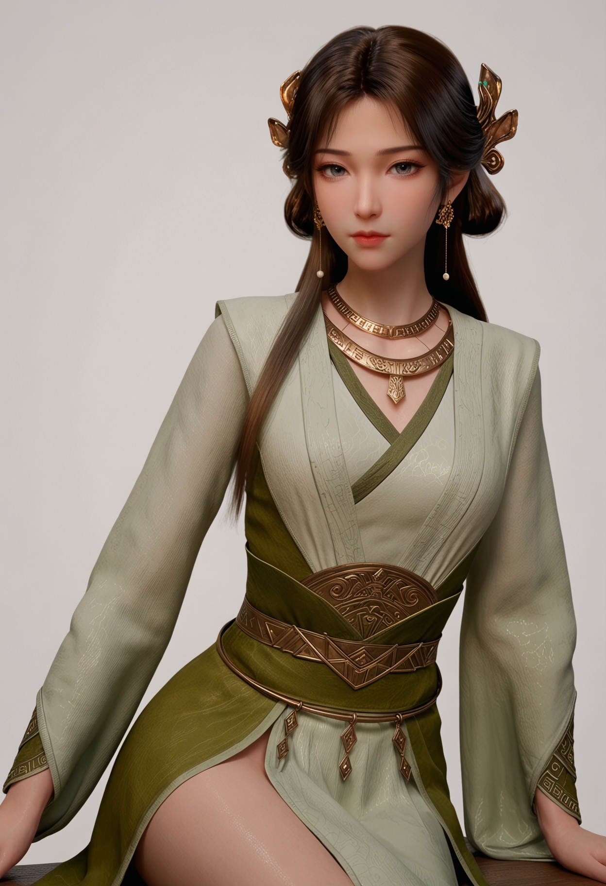 score_9,high detail,best quality,shiny skin,shiny,meining,1girl,solo,grey eyes,brown hair,long hair,jewelry,white background,necklace,realistic,hair ornament,earrings,simple background,dress,closed mouth,long sleeves,chinese clothes,lips,sash,green dress,looking at viewer,thighs,<lora:QQSponymeiningV1:0.8>,<lora:Pony_DetailV2.0:0.8>,<lora:皮肤凹痕:0.1>,