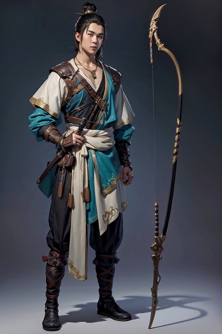 JYGL 1boy arrow \(projectile\) black hair boots bow \(weapon\) full body jewelry male focus necklace solo standing sword weapon,<lora:金庸古龙20240110-1704831963137-0010:0.8>,